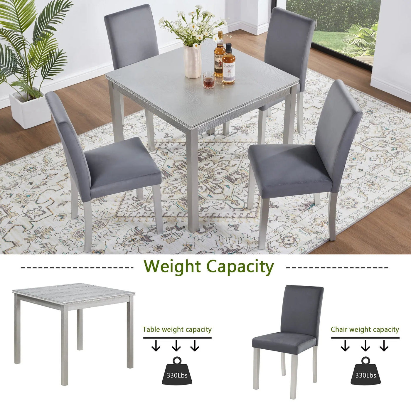 5 Pieces Wooden Dining Table Set, Square Table And 4 Upholstered Chairs by HouseOfZazla