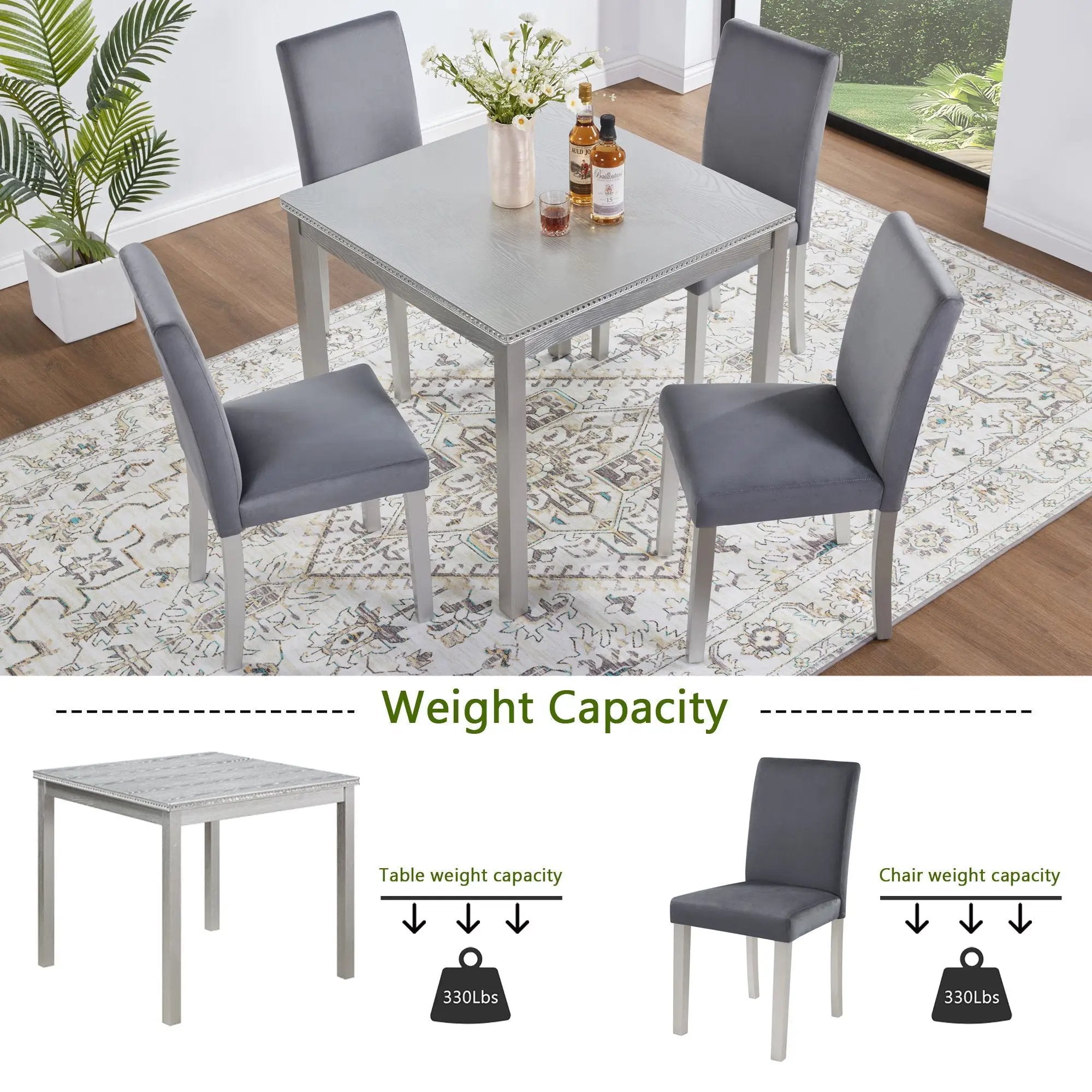 5 Pieces Wooden Dining Table Set, Square Table And 4 Upholstered Chairs by HouseOfZazla