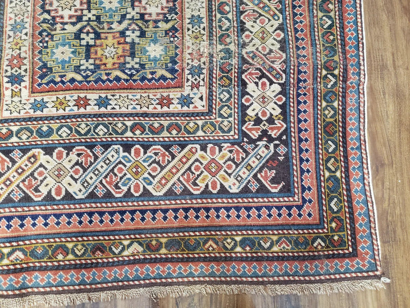 Caucasian Rug 3'9" x 5'7", Antique 1920s Collectible Caucasian Chi Chi Carpet, Hand Knotted, Colorful, Dark Blue Cream Red, Wool, Small Rug by Jewel Rugs
