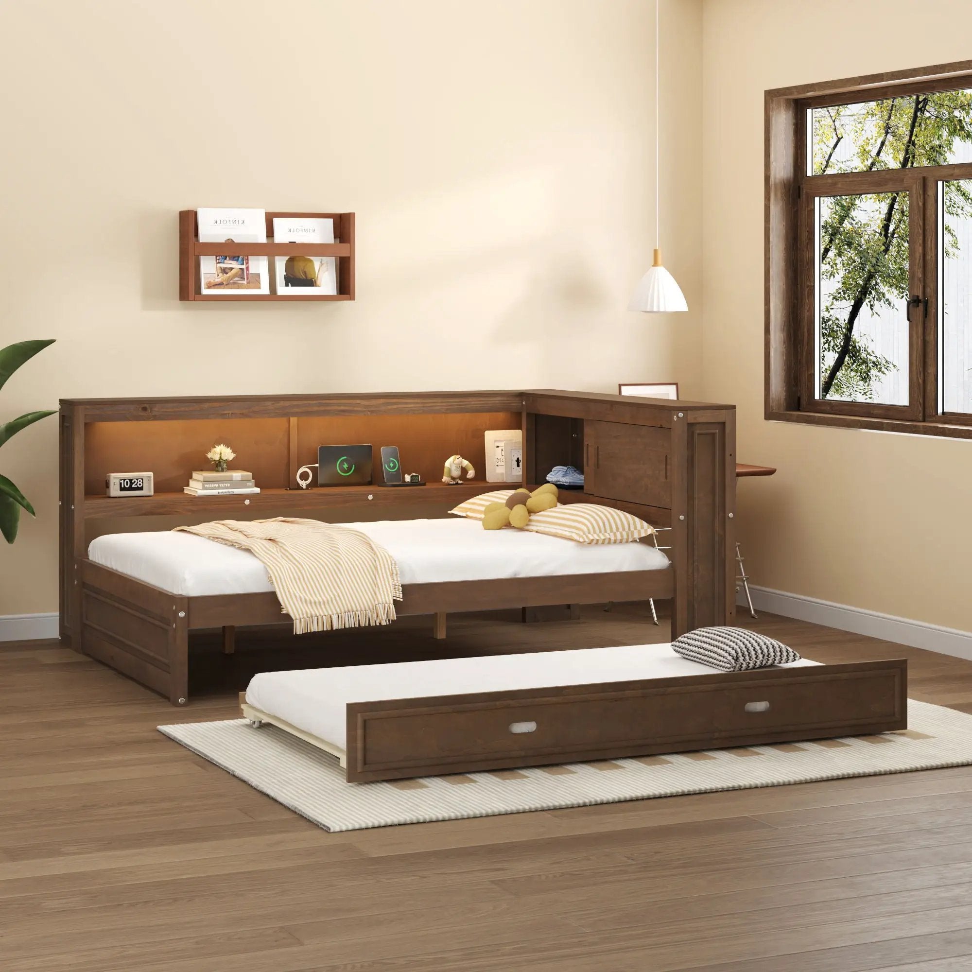 Daybed With Storage Shelves, LED, USB, And Trundle by Unique Piece Furniture