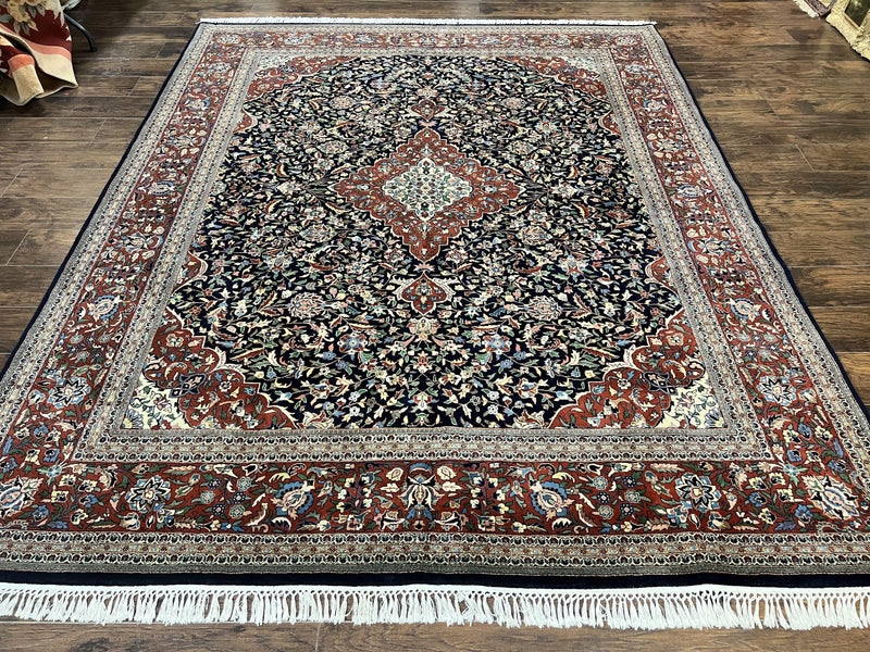 Indo Persian Rug 8x10, Floral Medallion, Vintage Handmade Wool Carpet, Navy Blue and Red, Fine 300 KPSI by Jewel Rugs