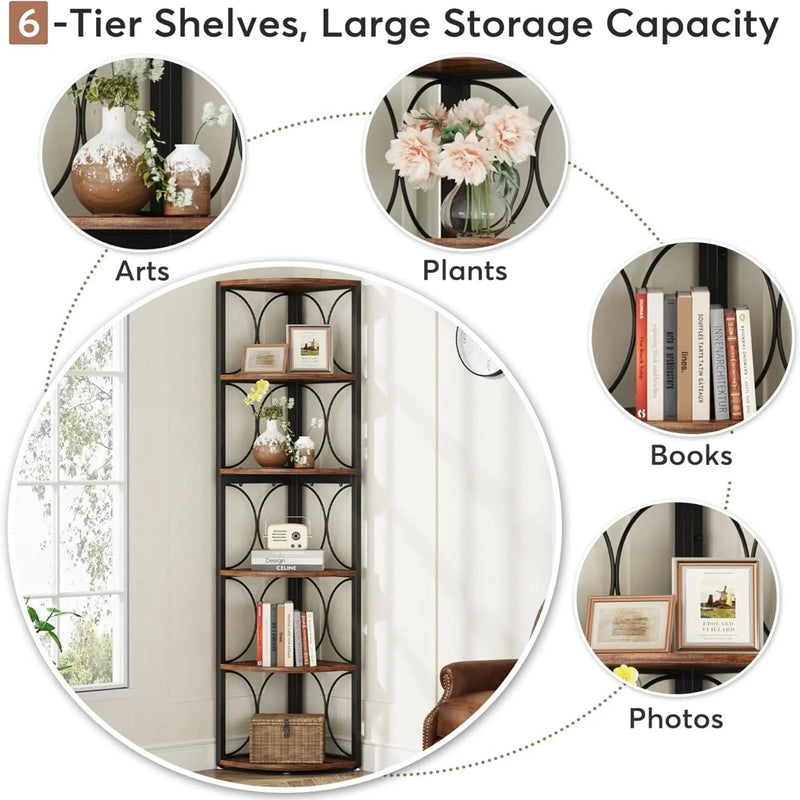 Tall 6 Tier Corner Bookshelf Storage Rack For Living Room - Rustic Brown by HouseOfZazla