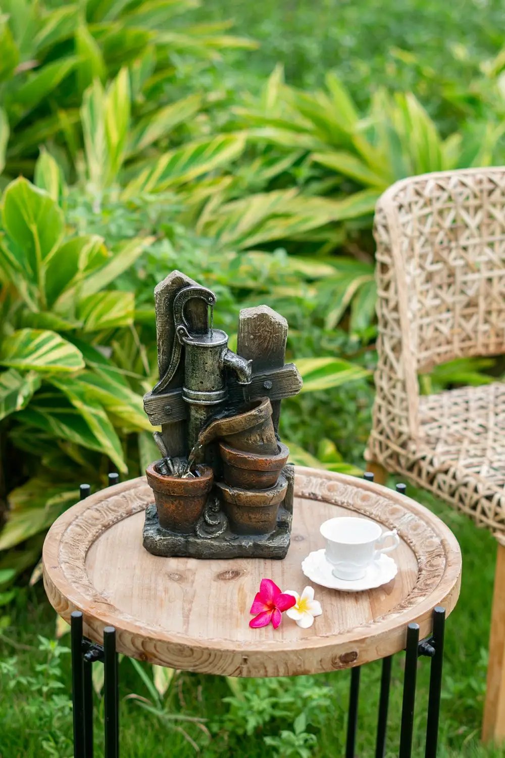 Water Fountain With Antique Water Pump Design And LED Light - Brown / Gray by HouseOfZazla