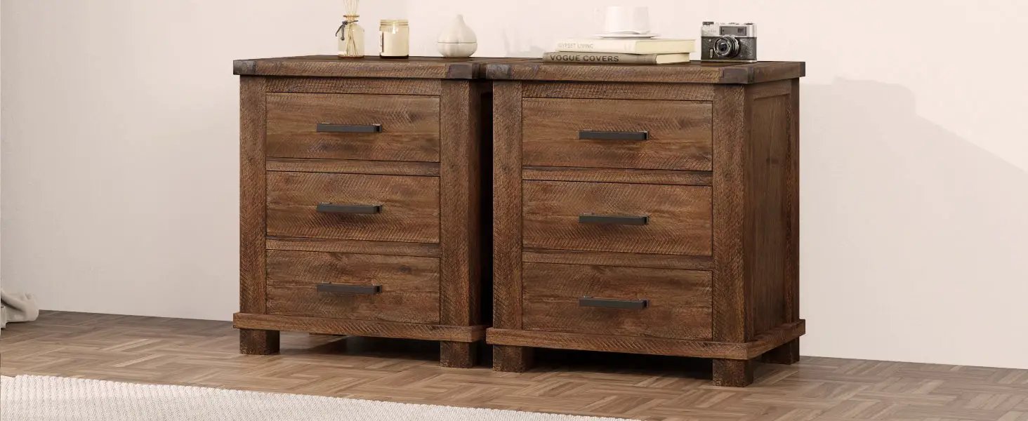 Rustic Three Drawer Reclaimed Solid Wood Farmhouse Nightstand Set of Two by HouseOfZazla