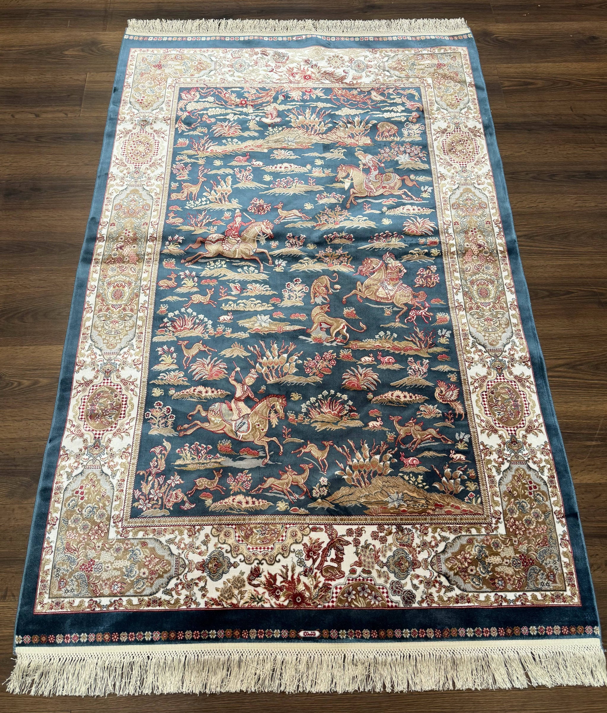 Turkish Silk Hunting Design Rug 4x6, Dark Steel Blue & Ivory, Bamboo Silk, New by Jewel Rugs