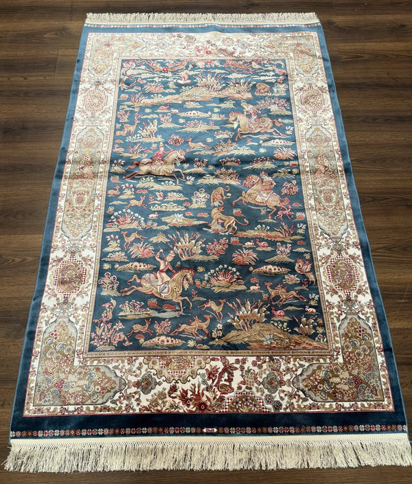 Turkish Silk Hunting Design Rug 4x6, Dark Steel Blue & Ivory, Bamboo Silk, New, photo 2 of 13