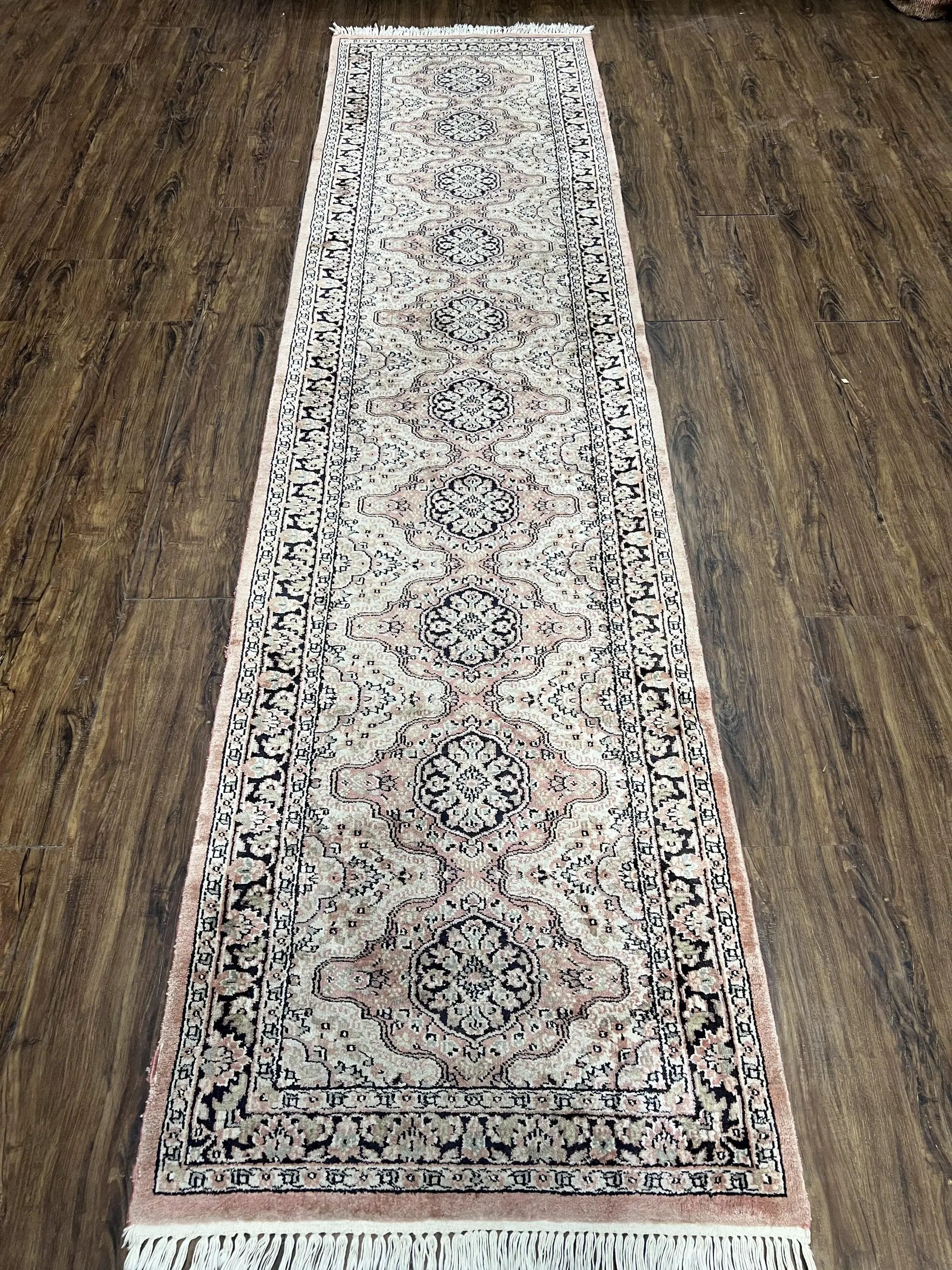 Silk Kashmiri Runner 2.7 x 10 ft Vintage Rug, Ivory Pastel Pink, Hand-Knotted Vintage Runner, Hallway Carpet, Indian Rug Medallion Runner by Jewel Rugs