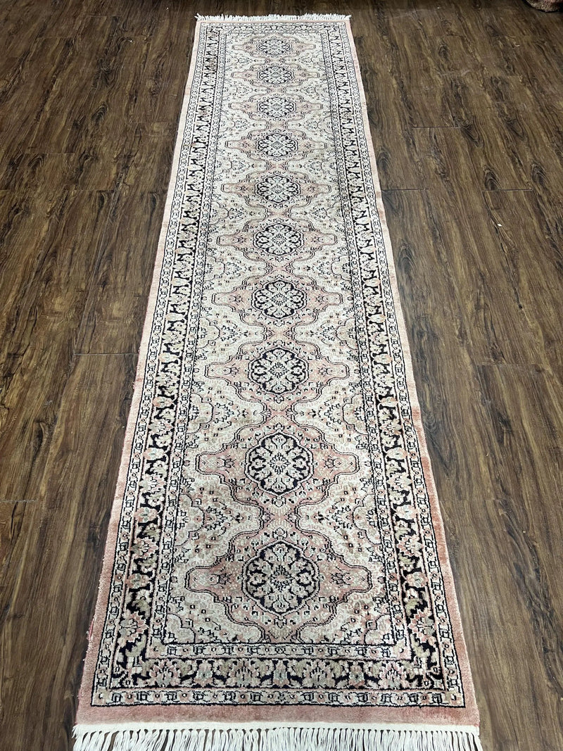 Silk Kashmiri Runner 2.7 x 10 ft Vintage Rug, Ivory Pastel Pink, Hand-Knotted Vintage Runner, Hallway Carpet, Indian Rug Medallion Runner by Jewel Rugs