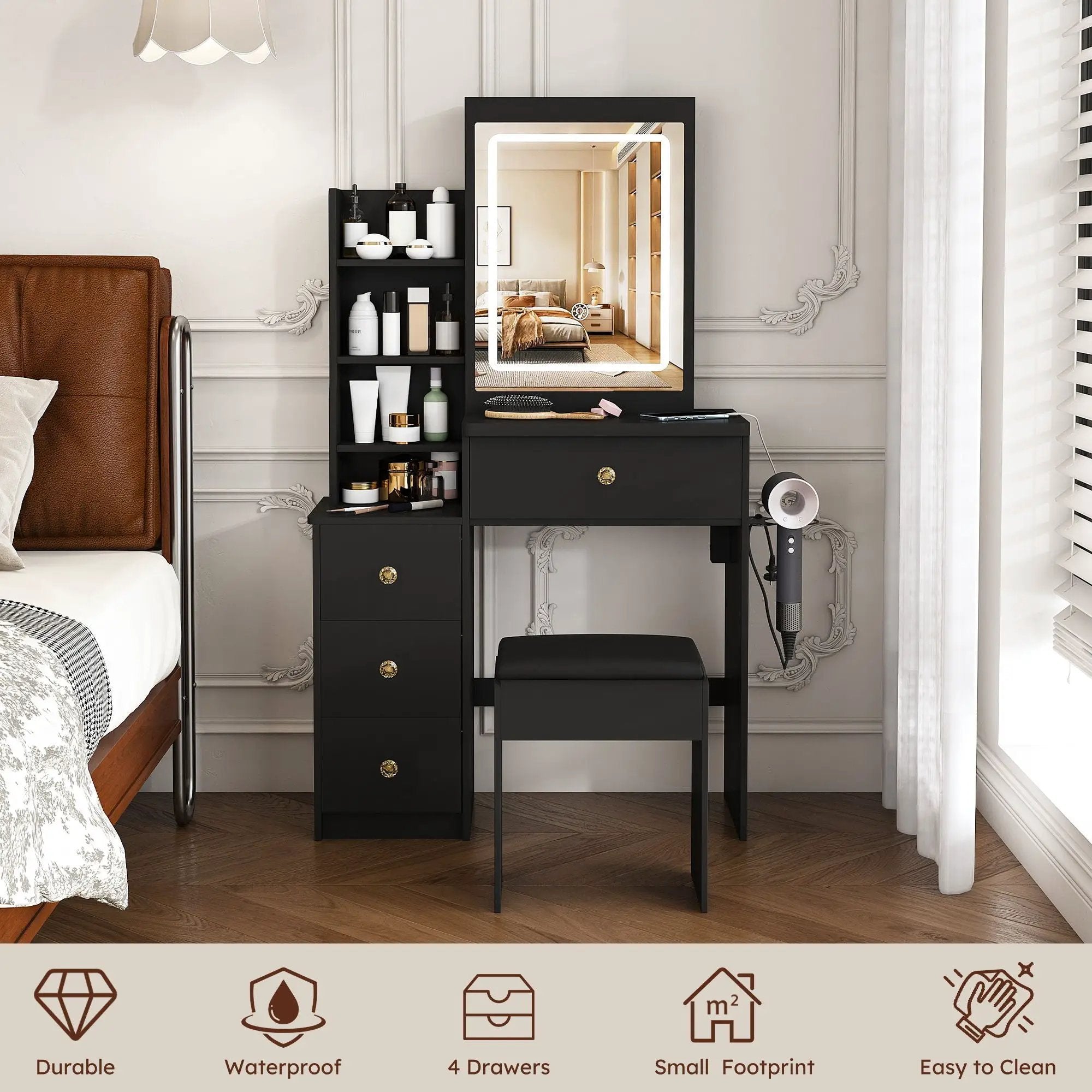 Vanity Desk With 3 LED Lighting Modes, 4 Drawers, Open Shelves, Hair Dryer Holder & Power Socket Dressing Table Set With Chair - Black by Unique Piece Furniture
