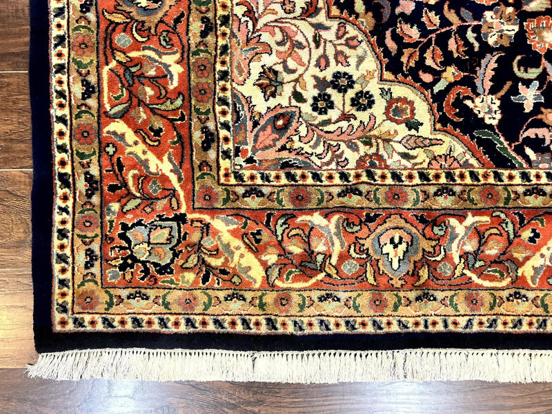 Indo Persian Rug 8x10, Midnight Blue & Red, Handmade Vintage Wool Carpet, Floral Medallion by Jewel Rugs