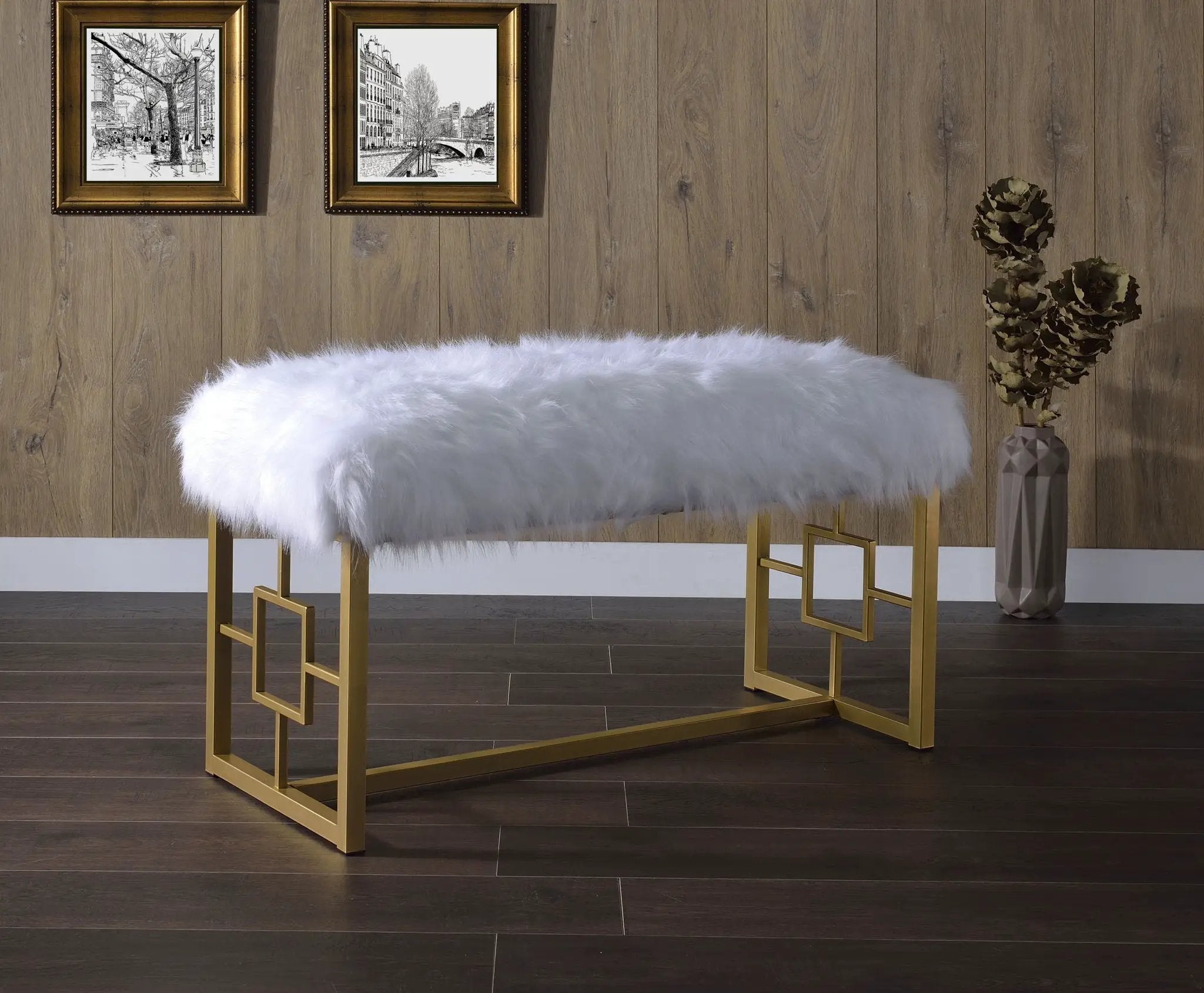 Bagley II - Bench Faux Fur - White / Gold by Unique Piece Furniture