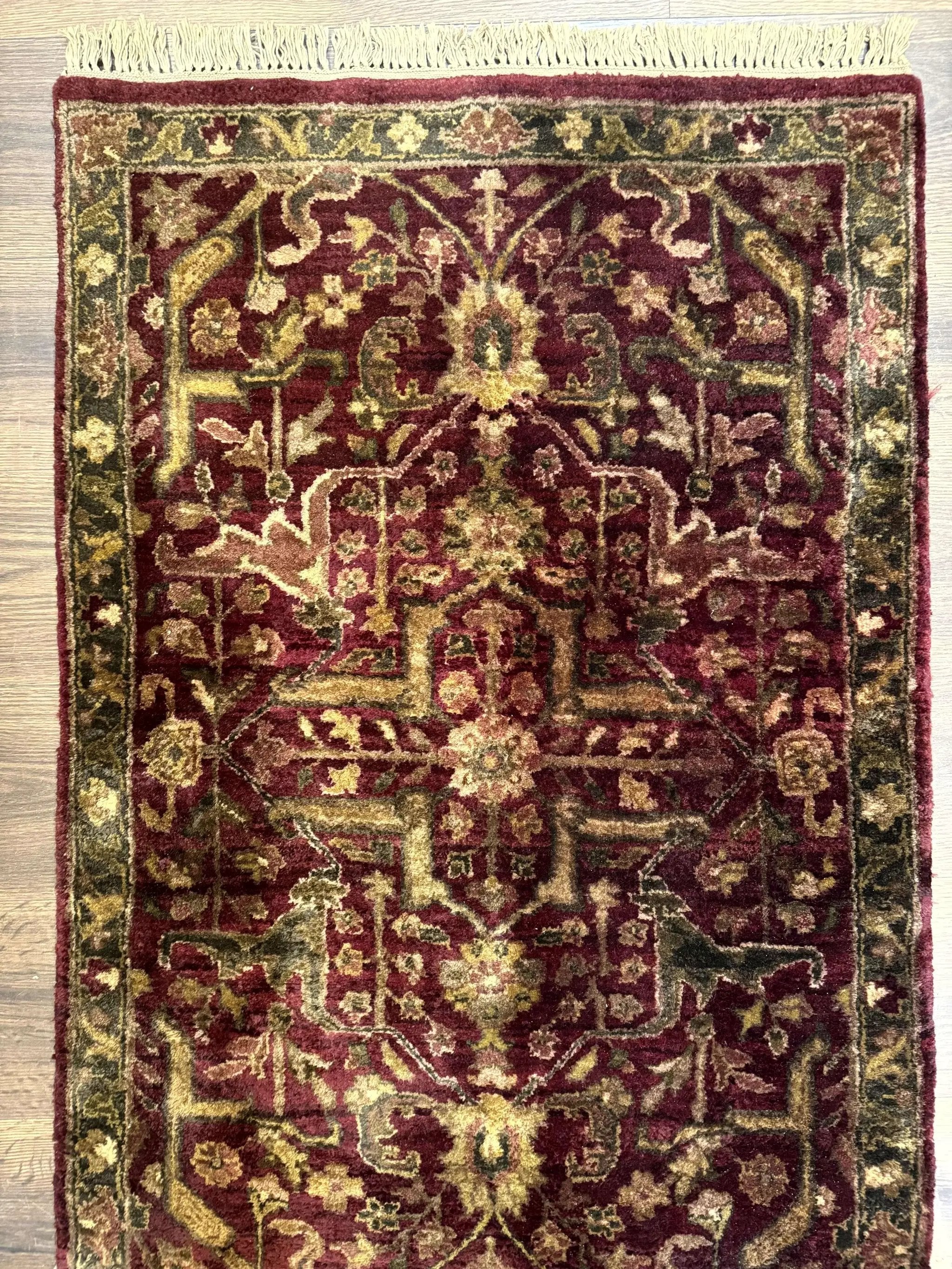 Indo Persian Runner Rug 2.7 x 13.8, Maroon, Wool, Handmade Indian Rug for Hallway by Jewel Rugs