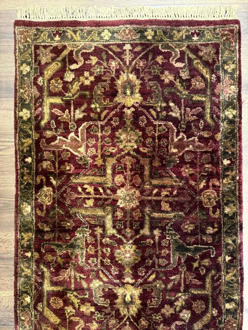 Indo Persian Runner Rug 2.7 x 13.8, Maroon, Wool, Handmade Indian Rug for Hallway by Jewel Rugs