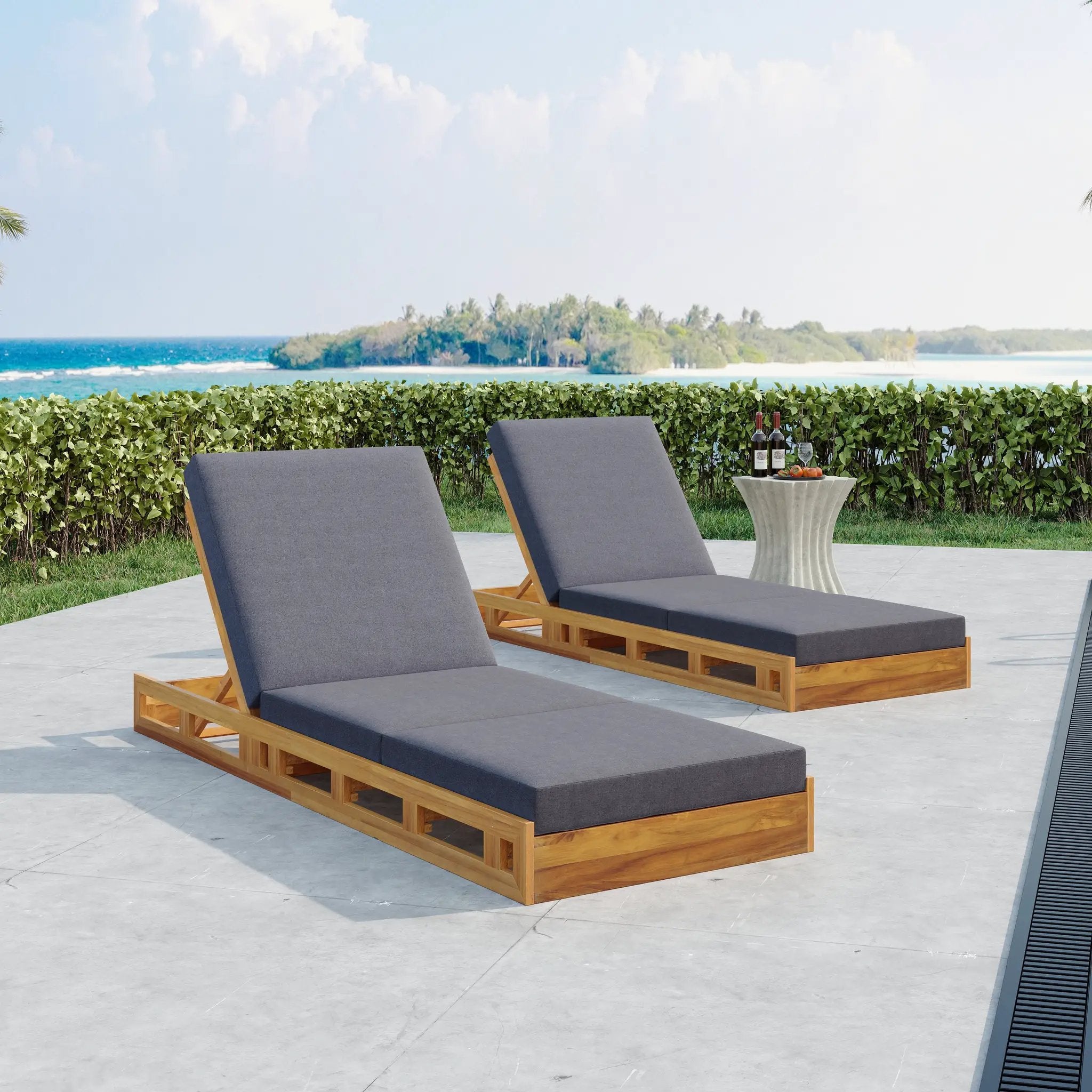 Lounge Chaise Set, Acacia Solid Wood with Lounge Cushion by HouseOfZazla