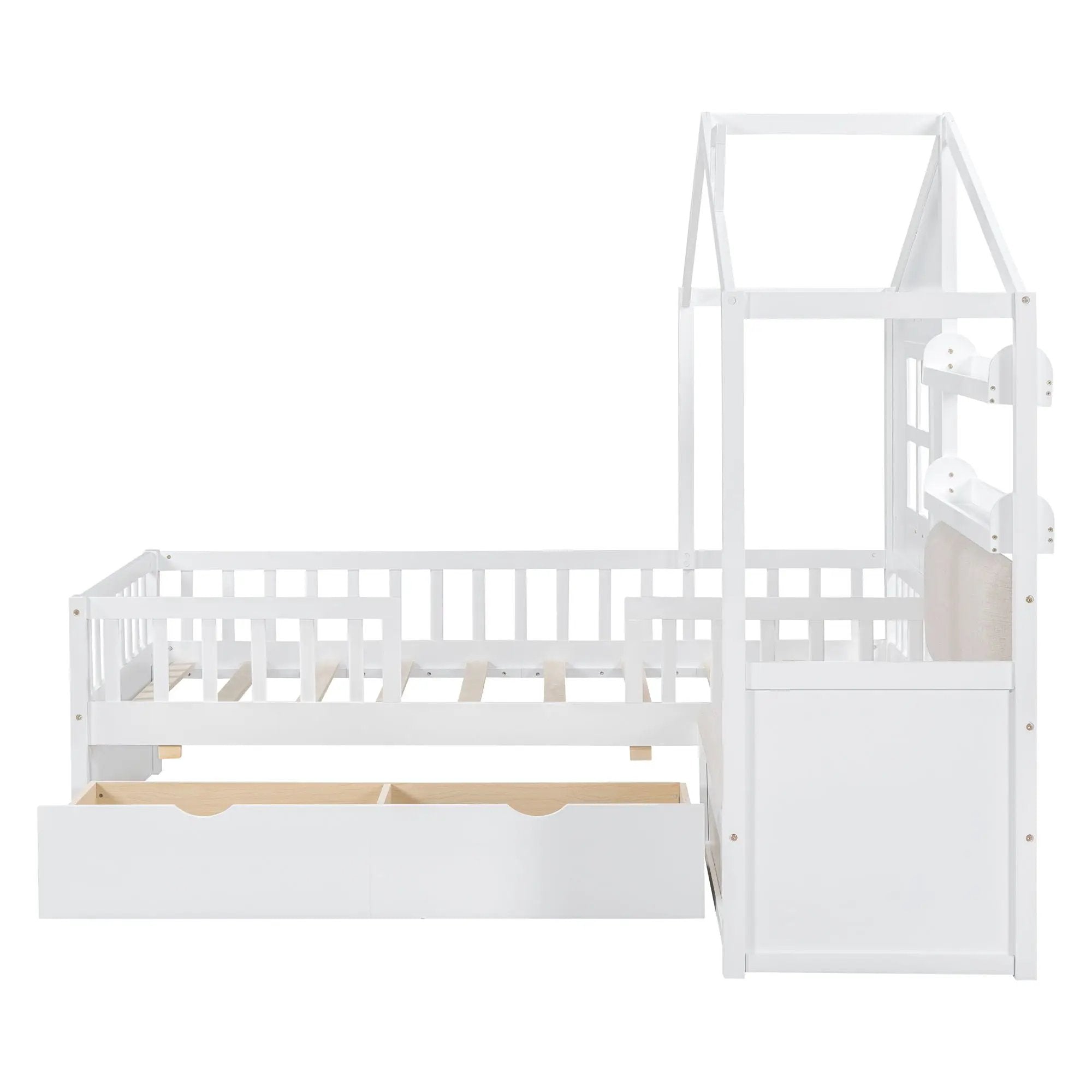 House Bed With Sofa, Kids Platform Bed With 2 Drawers And Storage Shelf by HouseOfZazla