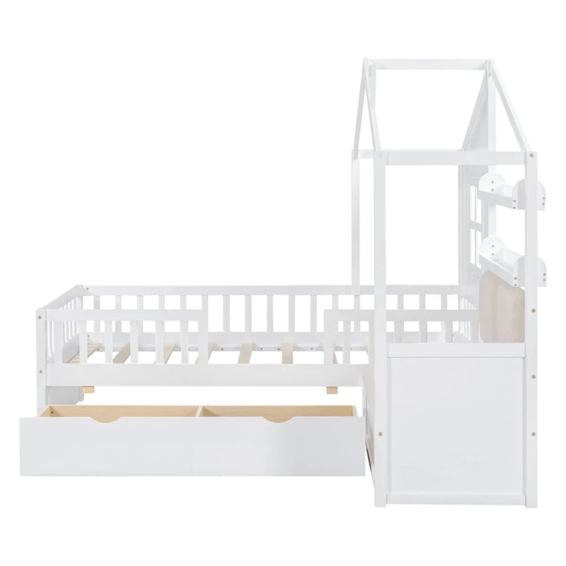 House Bed With Sofa, Kids Platform Bed With 2 Drawers And Storage Shelf by HouseOfZazla