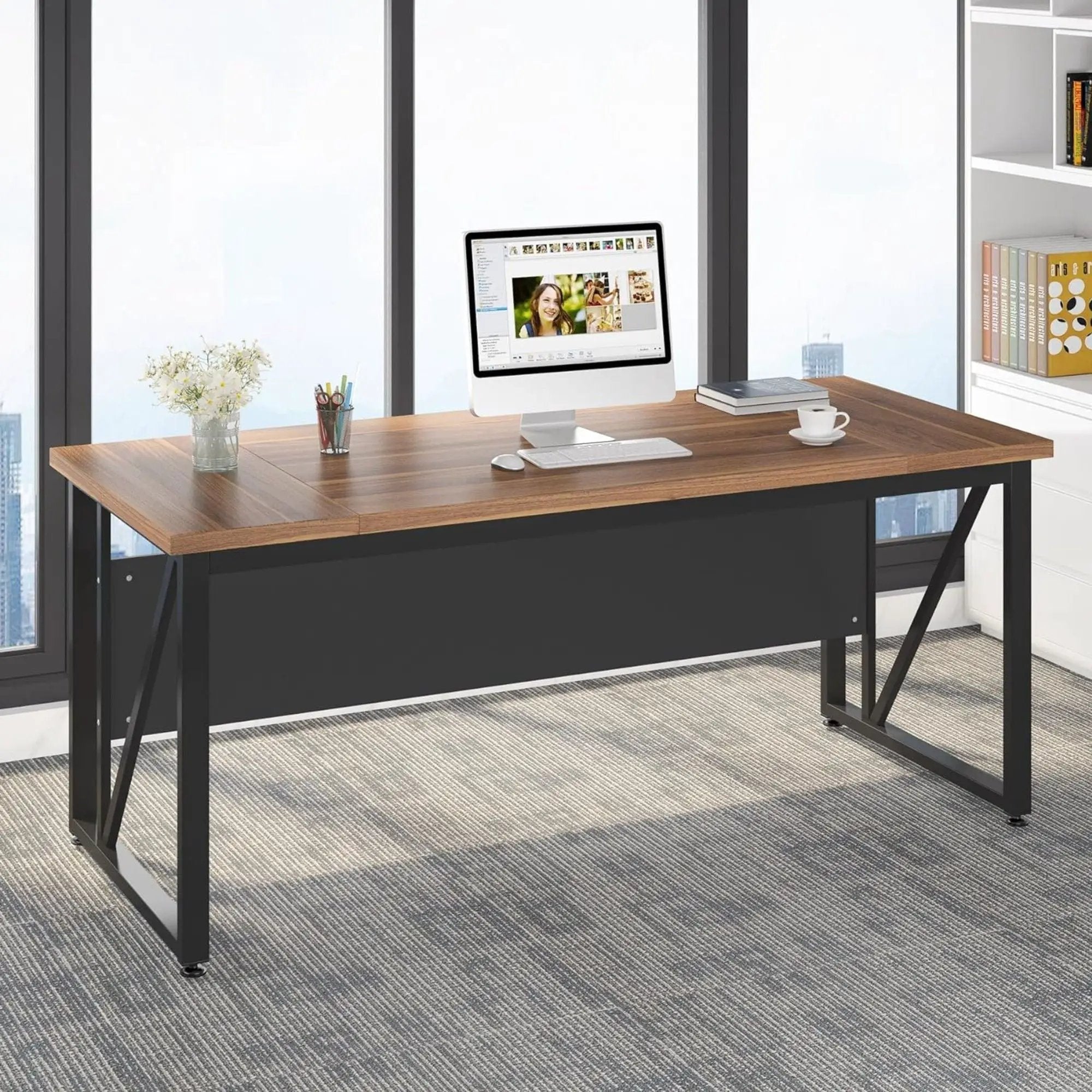 L-Shaped Executive Desk With Mobile File Cabinet, Large Home Office Workstation With Drawers And Shelves - Brown / Black by HouseOfZazla