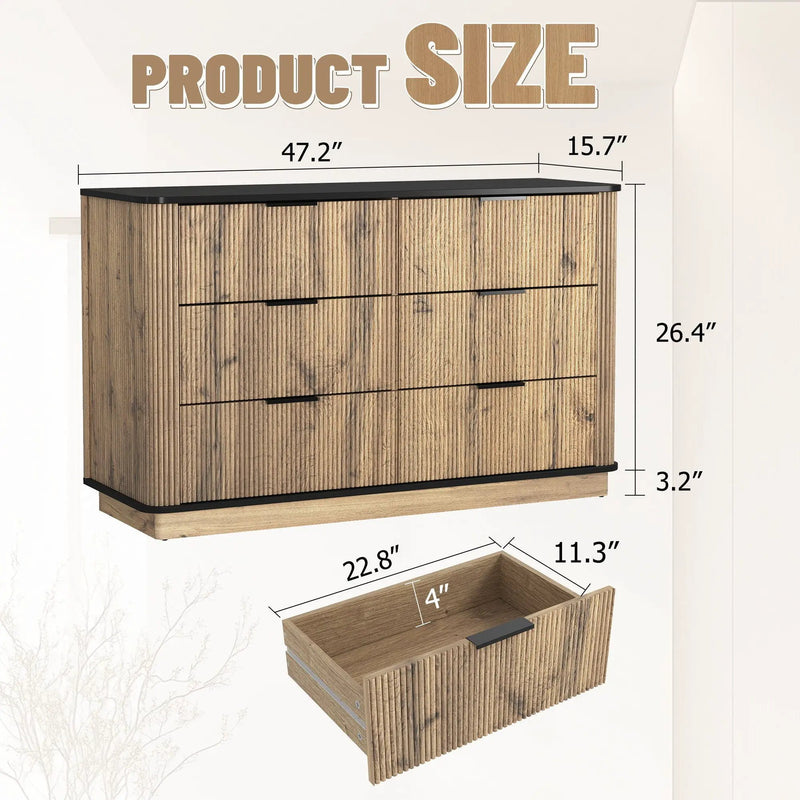 Modern 6 Drawer Cabinet With Metal Rounded Corners And Exquisite Handles Multi Functional Storage - Natural Wood by HouseOfZazla