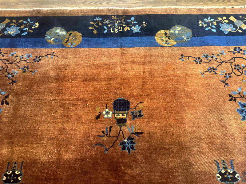 Antique Chinese Wool Rug 9x12, Light Brown and Navy Blue, Fete Peking Art Deco by Jewel Rugs