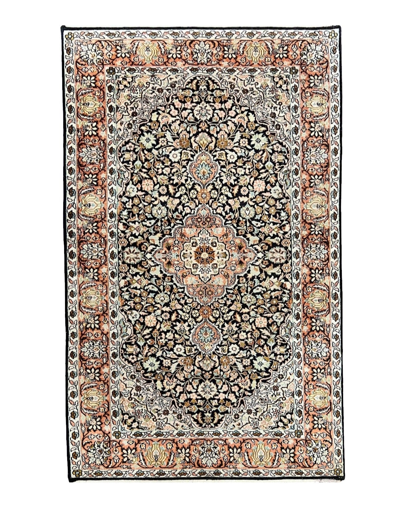 Silk Indian Kashmiri Rug 3x5, Indo Persian Silk on Silk Carpet, Very Fine 350 KPSI, Navy Blue, Handmade, Floral Medallion by Jewel Rugs