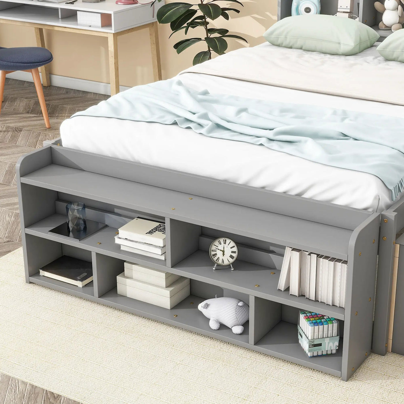 Bed With Bookcase Headboard, Under Bed Storage Drawers And Bed End Storage Case by Unique Piece Furniture