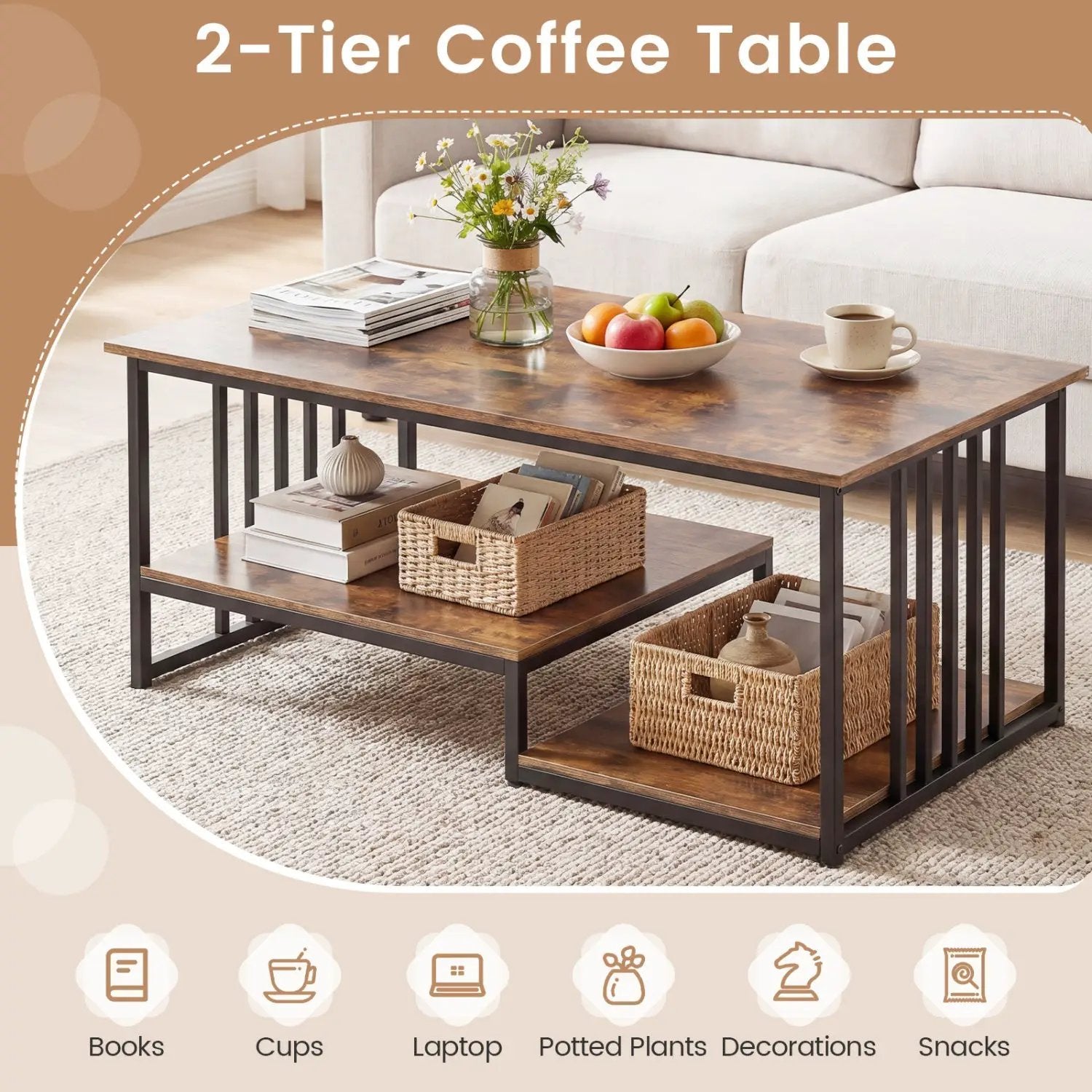 43.5" Coffee Table 2-Tier with Open Storage Shelf by DirectDeals