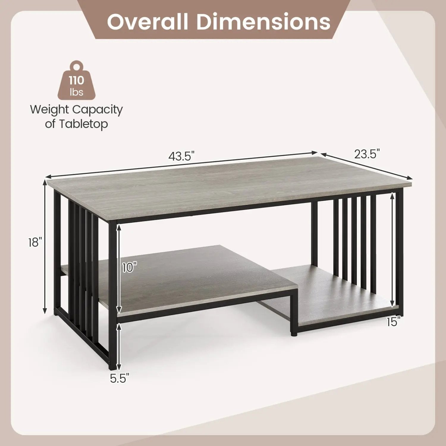 43.5" Coffee Table 2-Tier with Open Storage Shelf by DirectDeals