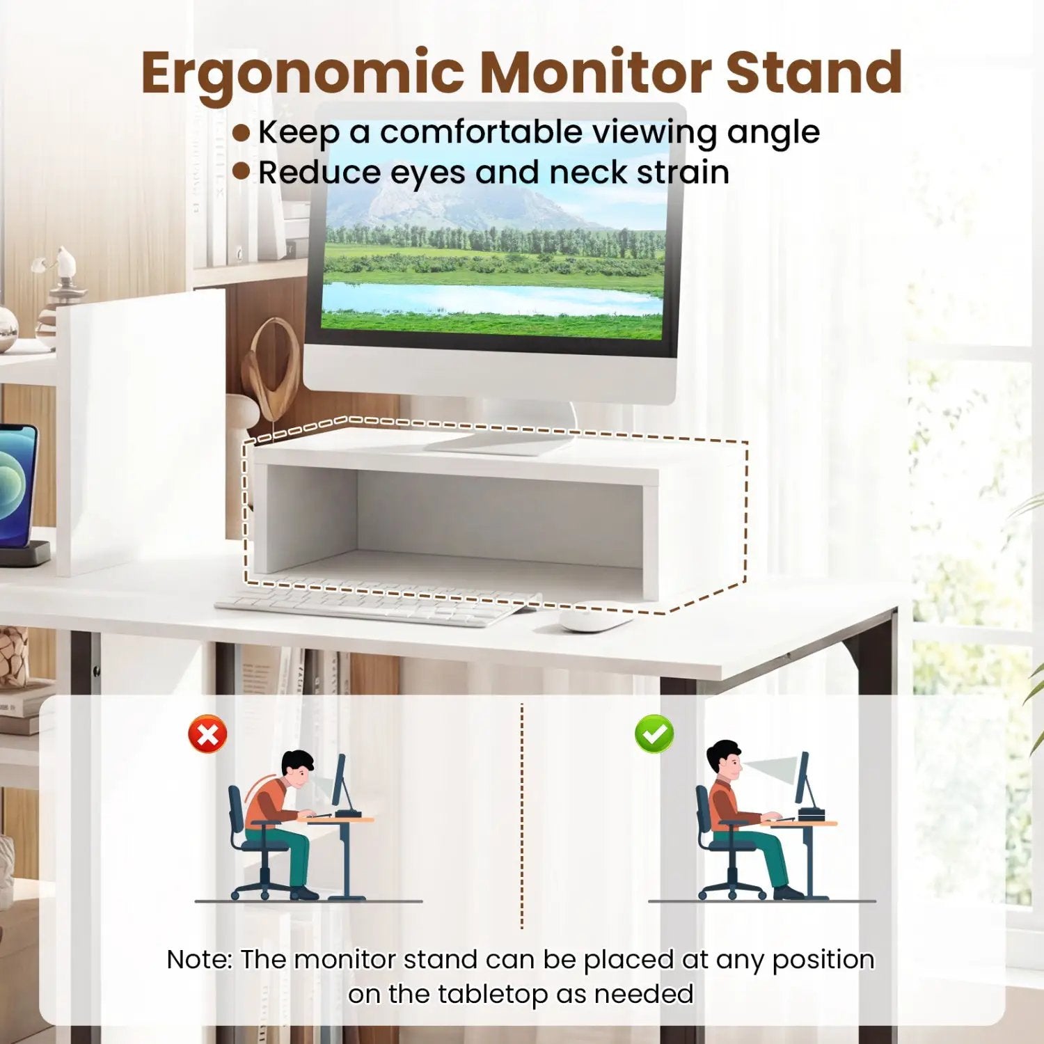 43.5" Computer Desk with Charging Station and Ergonomic Monitor Stand-White by DirectDeals