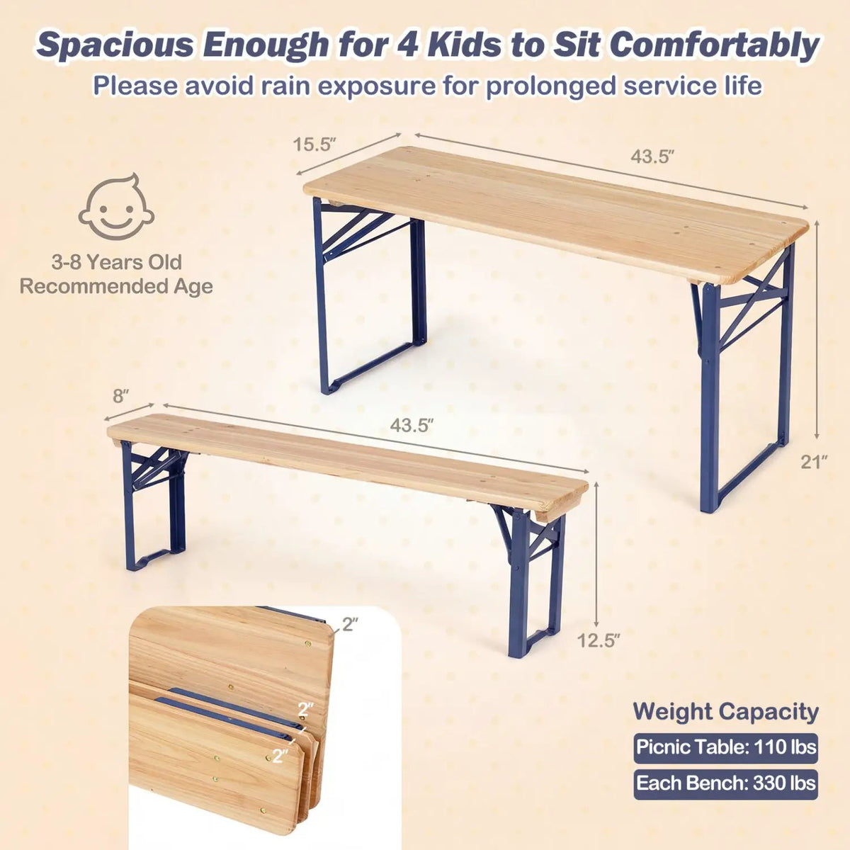 43.5 Inch Folding Kids Picnic Table & Bench Set No Assembly Wooden Toddler Table, photo 6 of 24