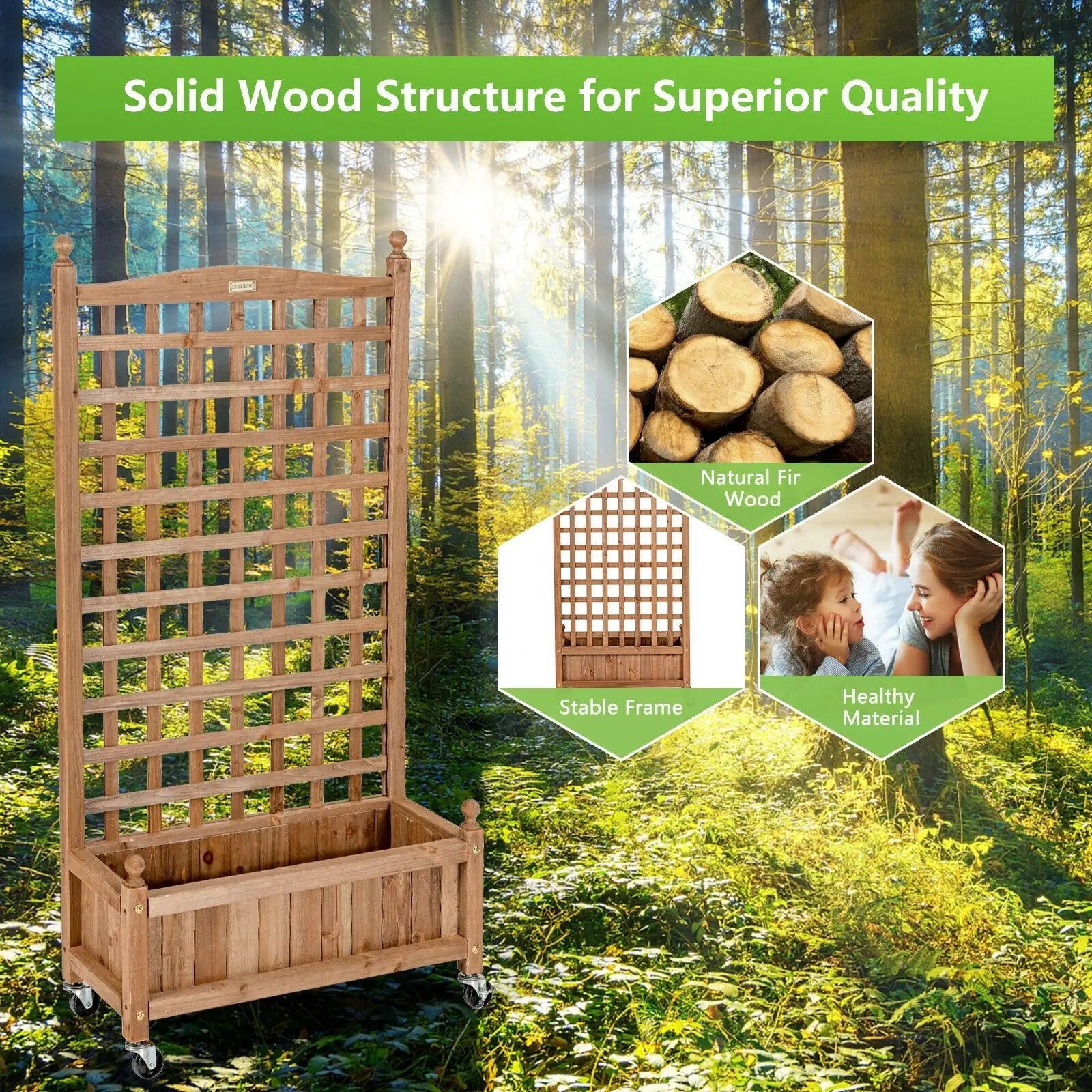 50 Inch Wood Planter Box with Trellis Mobile Raised Bed for Climbing Plant by DirectDeals