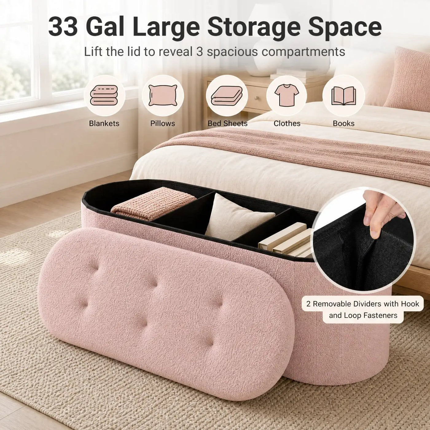 43" Folding Storage Ottoman Bench with Dividers - Teddy Fleece by DirectDeals