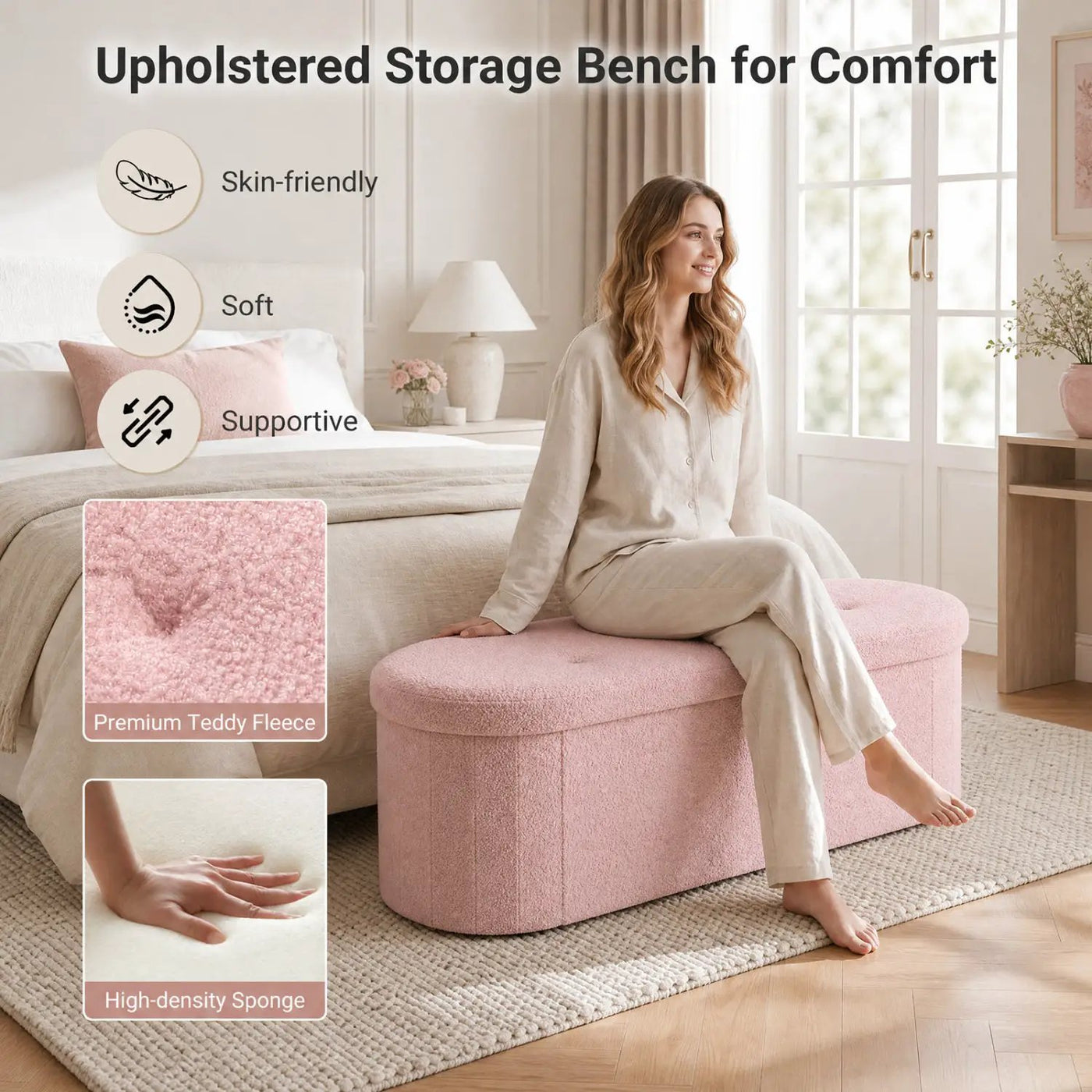 43" Folding Storage Ottoman Bench with Dividers - Teddy Fleece by DirectDeals