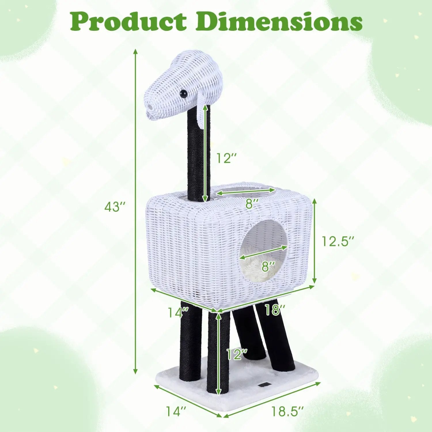 43-Inch Lamb-Shaped Cat Tower with 2-Door Rattan Condo for Indoor Kittens by DirectDeals
