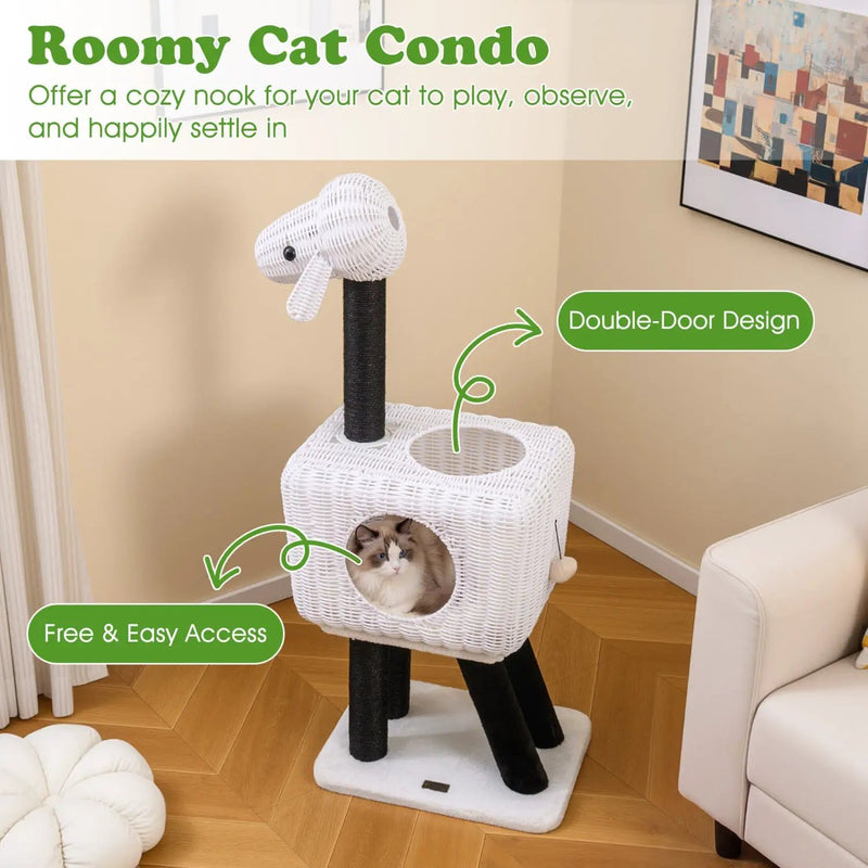 43-Inch Lamb-Shaped Cat Tower with 2-Door Rattan Condo for Indoor Kittens by DirectDeals
