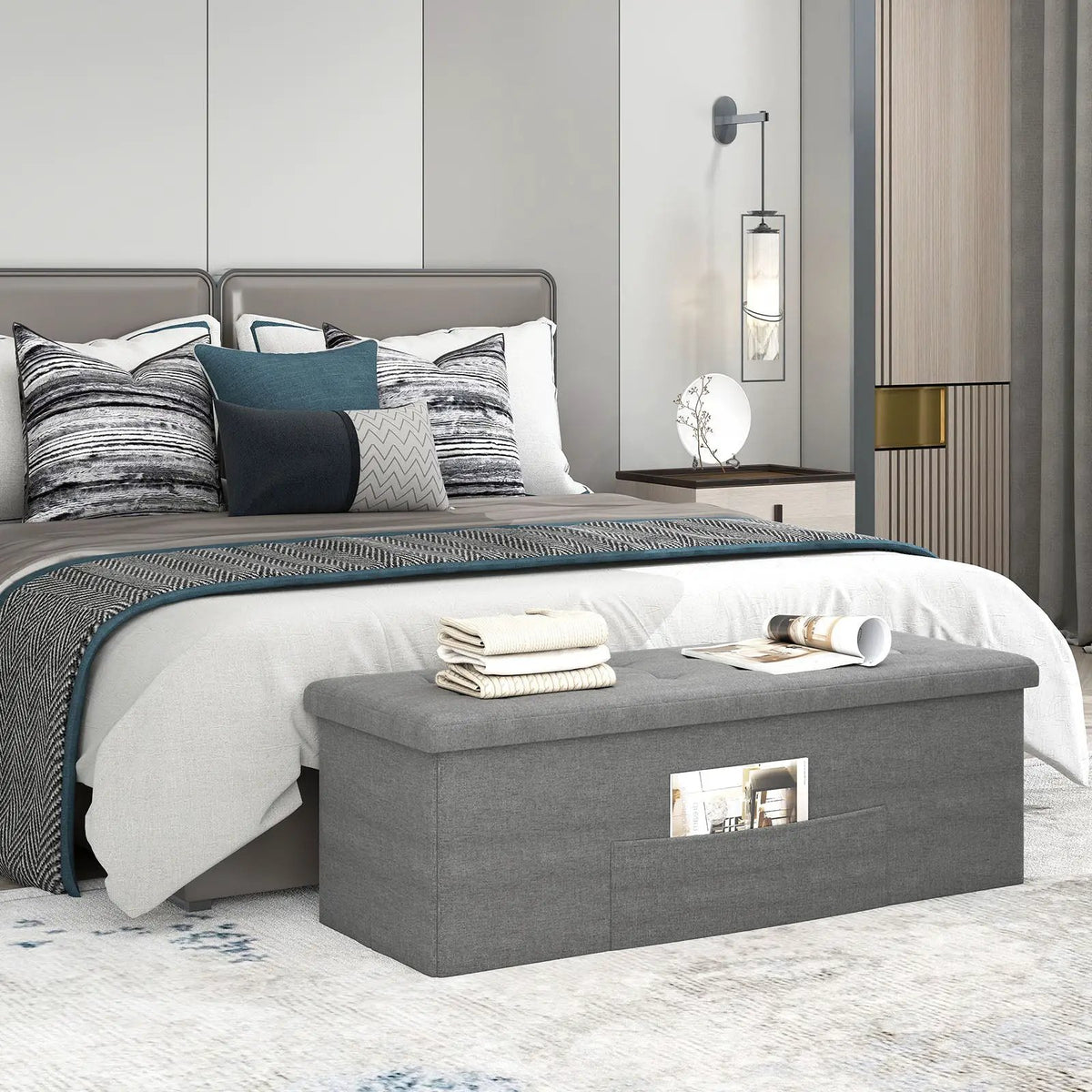 43 Inches Folding Storage Ottoman Bench Linen End of Bed Bench with Padded Seat, photo 4 of 24