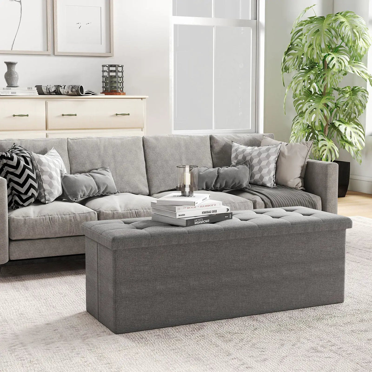 43 Inches Folding Storage Ottoman Bench Linen End of Bed Bench with Padded Seat, photo 6 of 24