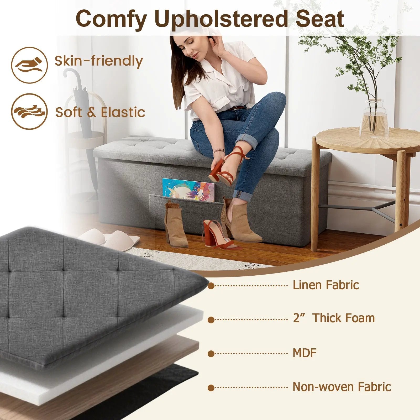 43 Inches Folding Storage Ottoman Bench Linen End of Bed Bench with Padded Seat by DirectDeals