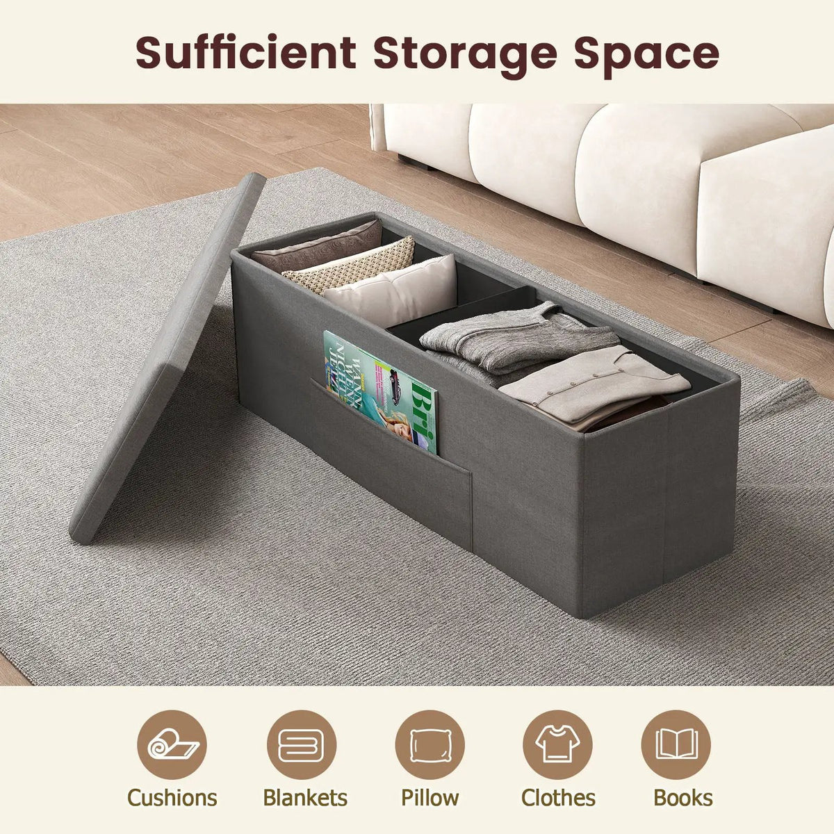 43 Inches Folding Storage Ottoman Bench Linen End of Bed Bench with Padded Seat, photo 8 of 24
