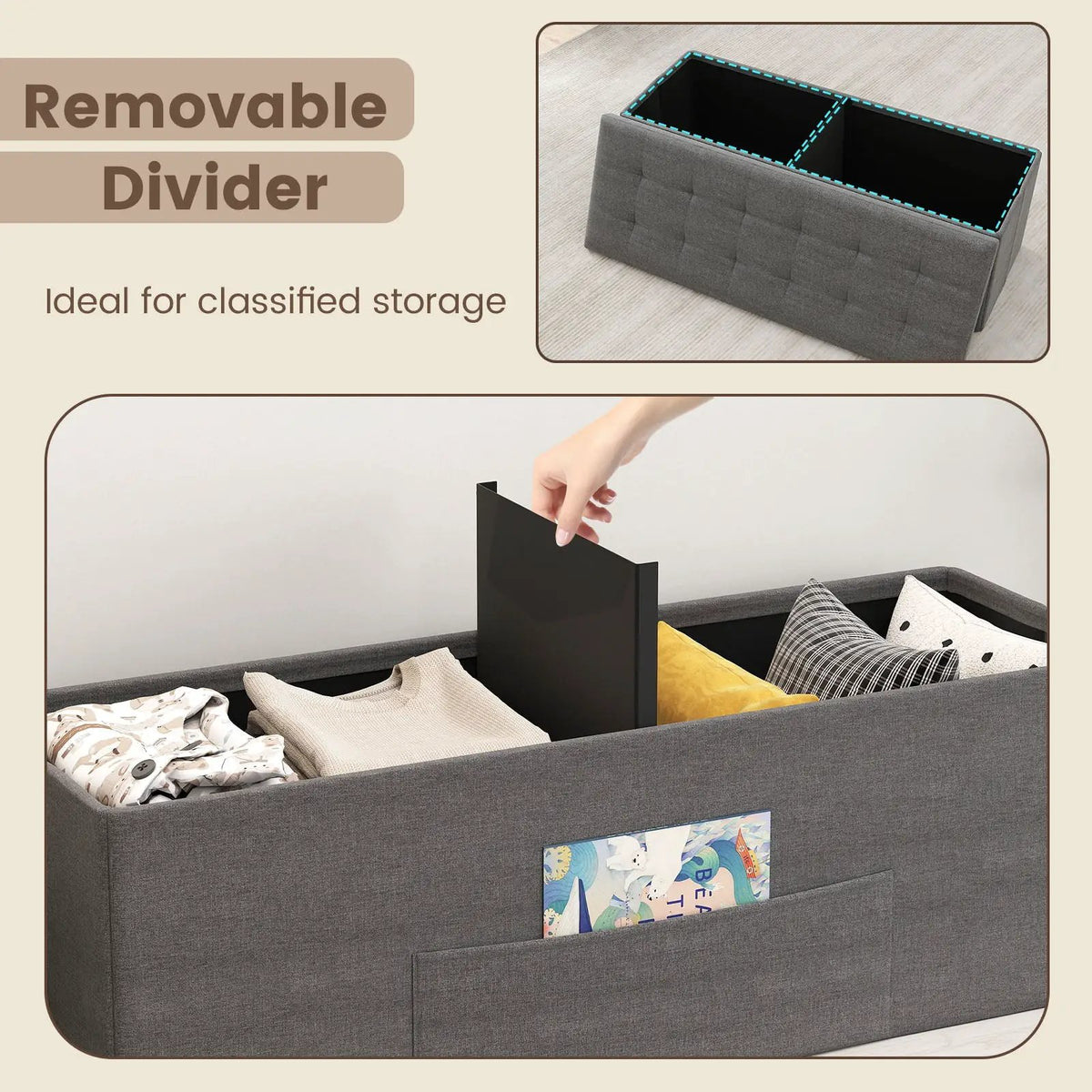 43 Inches Folding Storage Ottoman Bench Linen End of Bed Bench with Padded Seat, photo 9 of 24