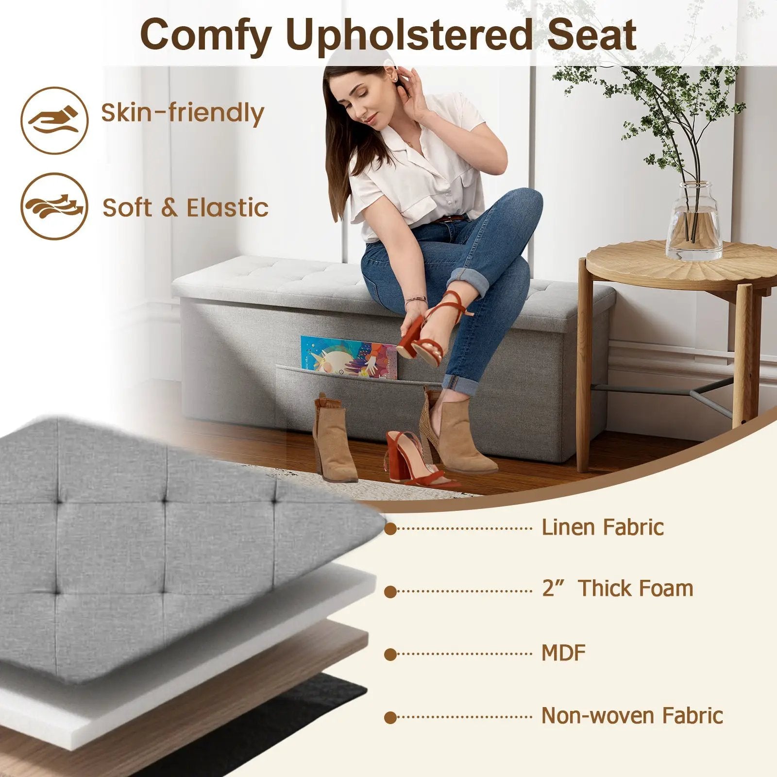 43 Inches Folding Storage Ottoman Bench Linen End of Bed Bench with Padded Seat by DirectDeals