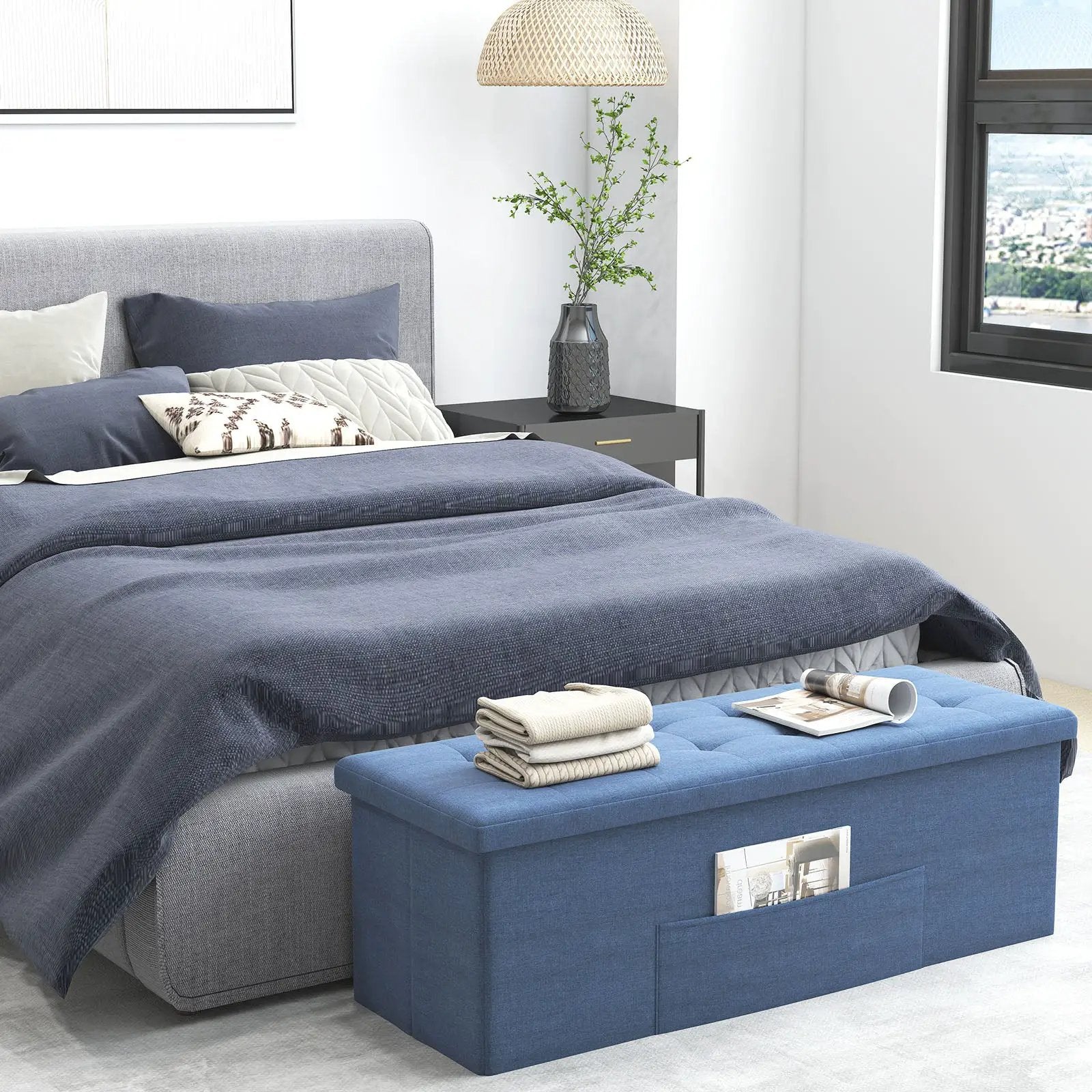 43 Inches Folding Storage Ottoman Bench Linen End of Bed Bench with Padded Seat by DirectDeals