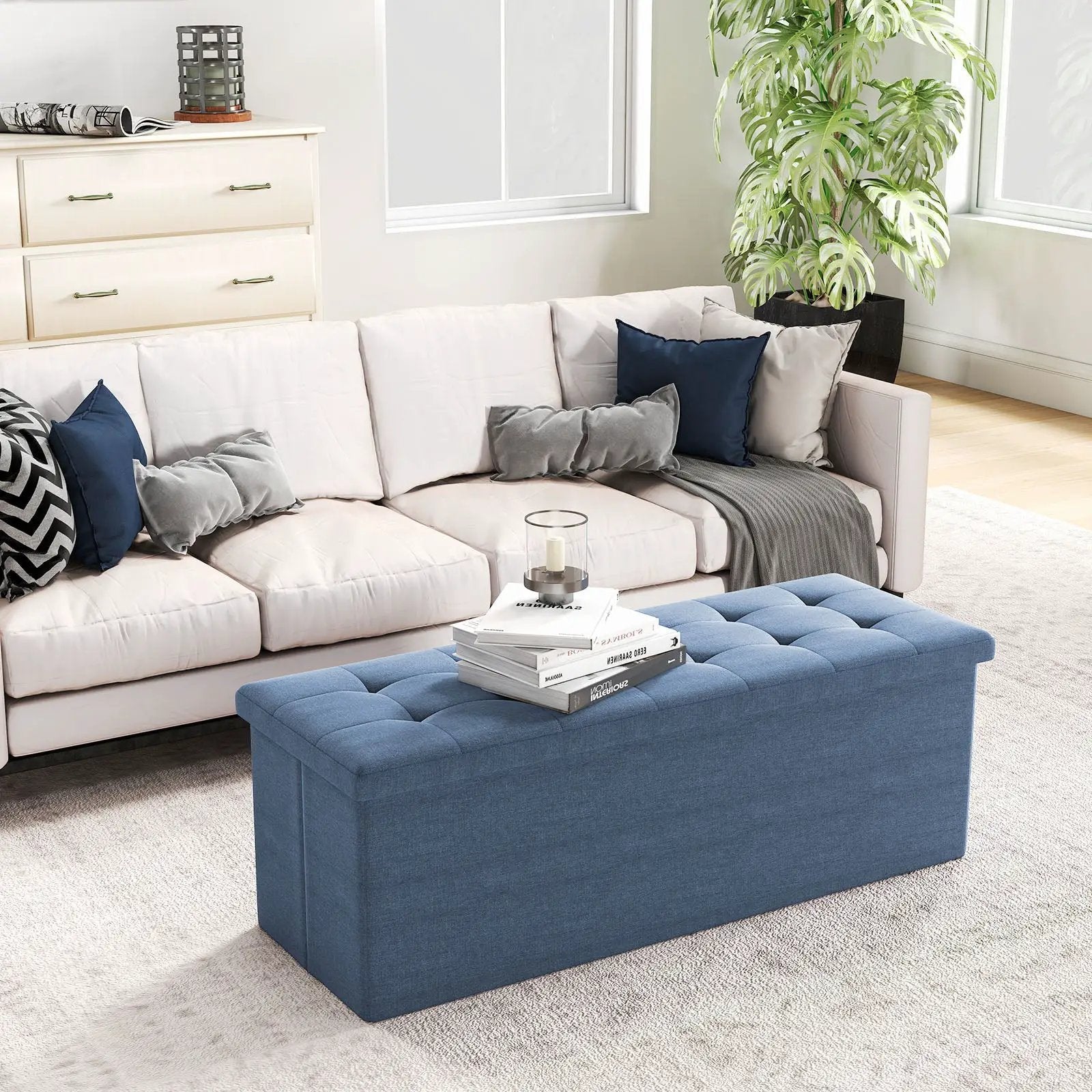 43 Inches Folding Storage Ottoman Bench Linen End of Bed Bench with Padded Seat by DirectDeals
