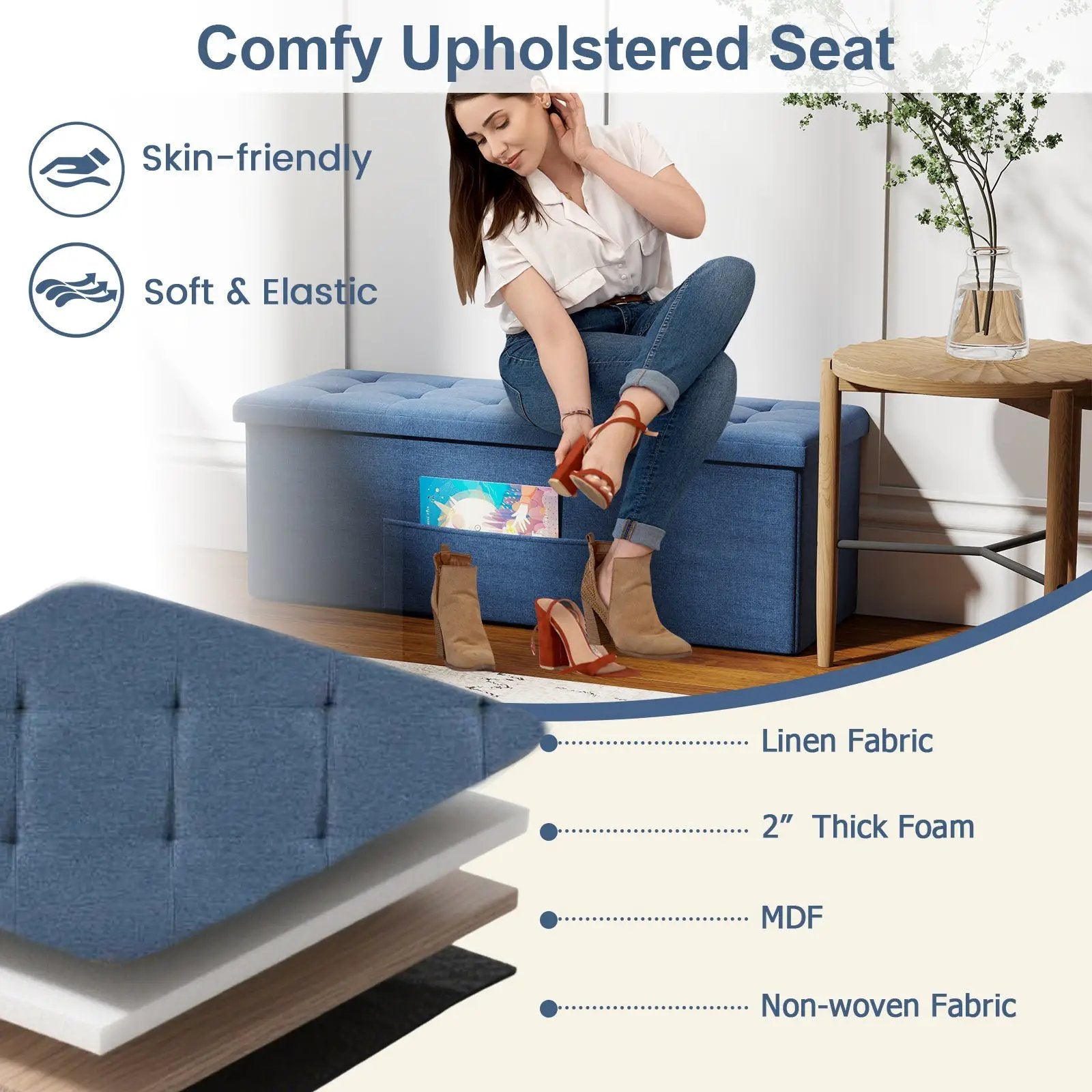 43 Inches Folding Storage Ottoman Bench Linen End of Bed Bench with Padded Seat by DirectDeals