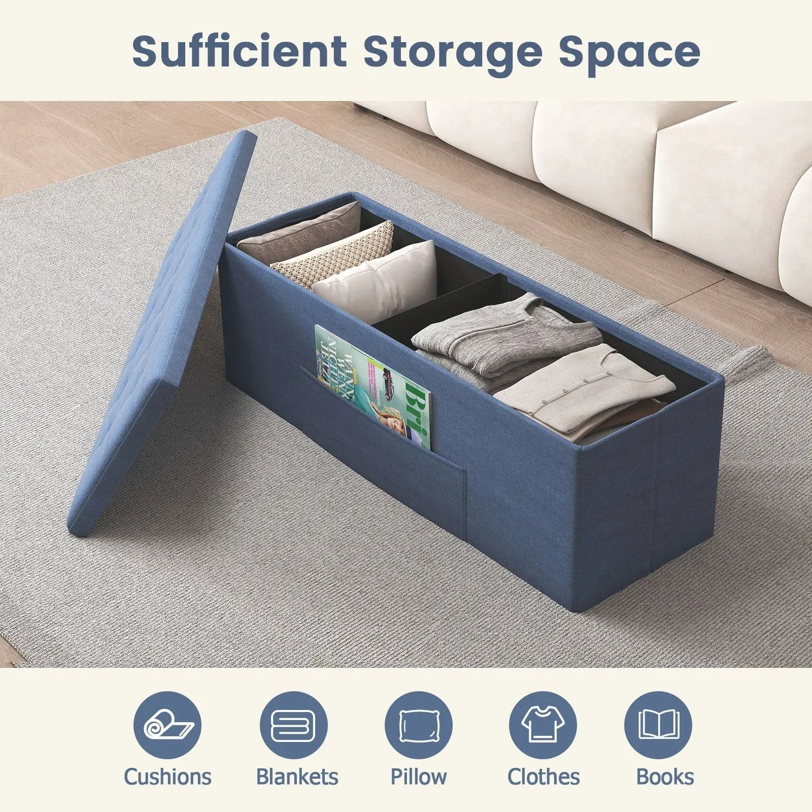 43 Inches Folding Storage Ottoman Bench Linen End of Bed Bench with Padded Seat by DirectDeals
