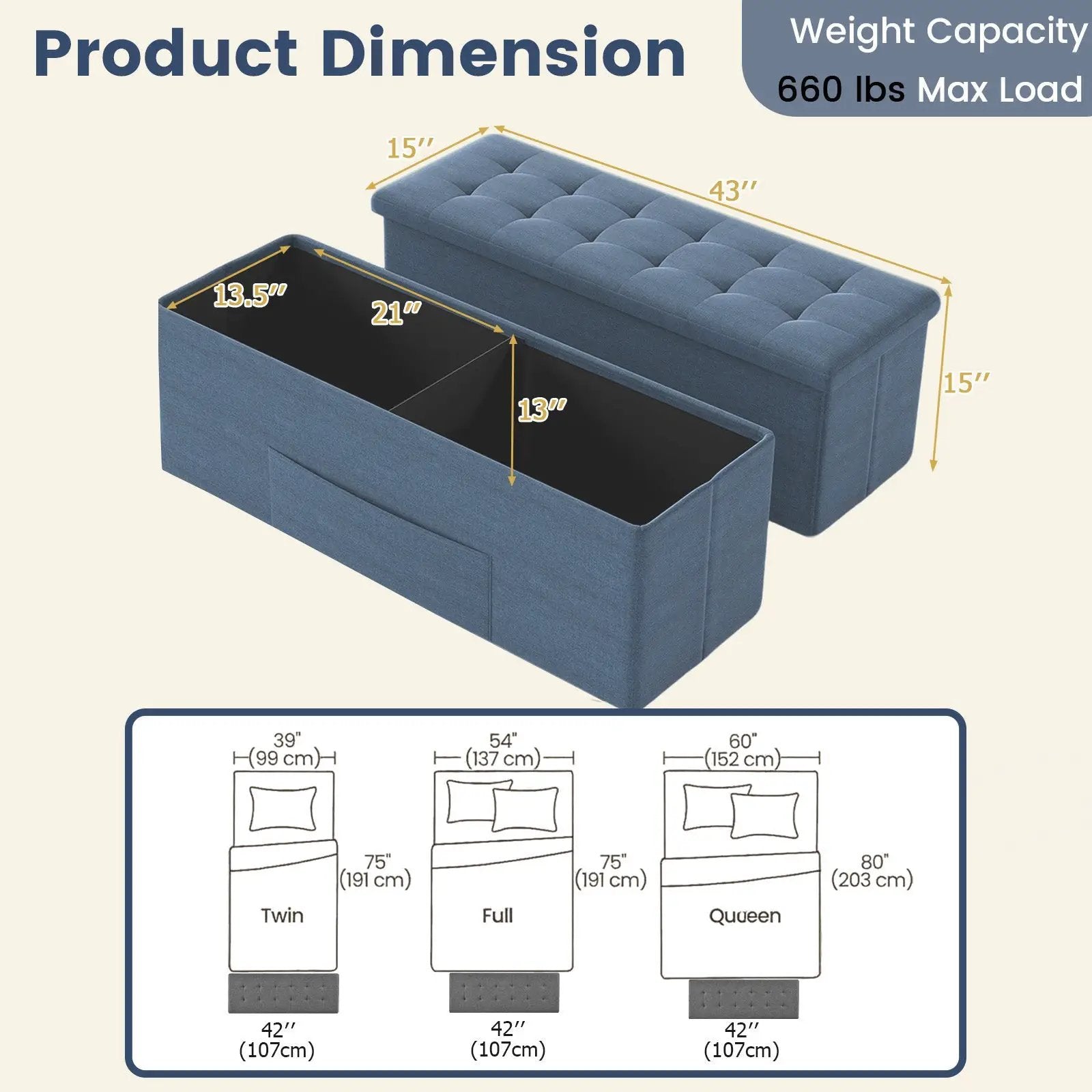 43 Inches Folding Storage Ottoman Bench Linen End of Bed Bench with Padded Seat by DirectDeals