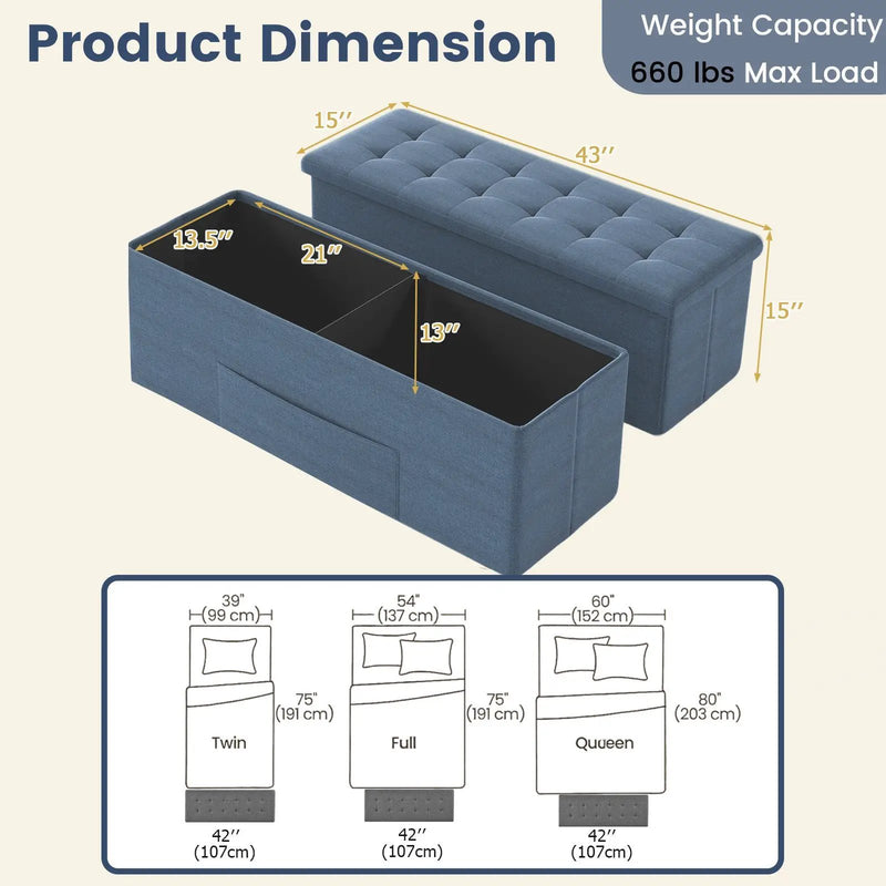 43 Inches Folding Storage Ottoman Bench Linen End of Bed Bench with Padded Seat by DirectDeals