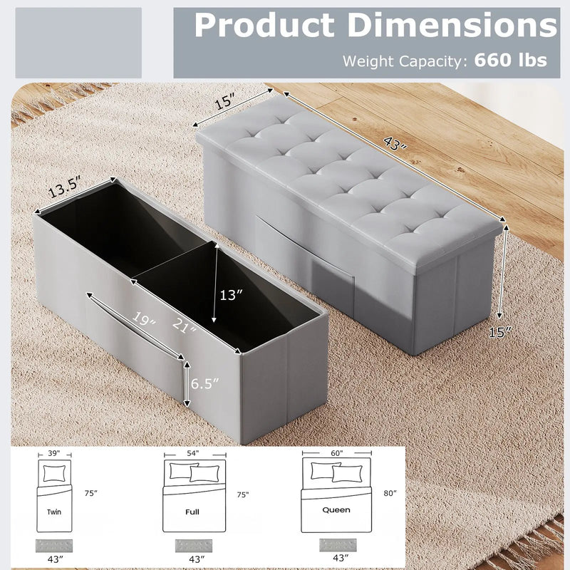 43 Inches Folding Storage Ottoman Bench Foot Rest Stool End of Bed Bench by DirectDeals