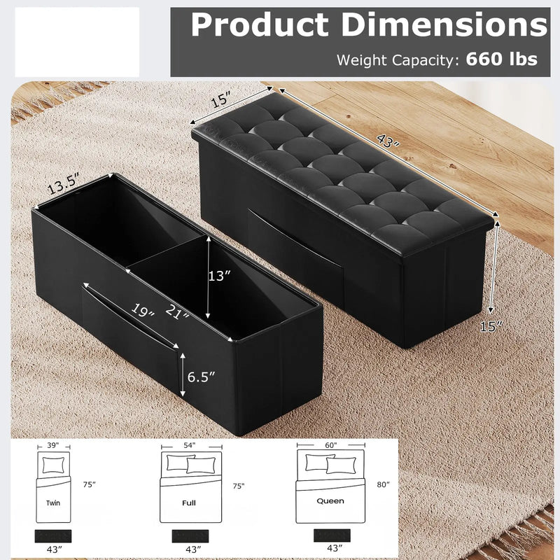 43 Inches Folding Storage Ottoman Bench Foot Rest Stool End of Bed Bench by DirectDeals