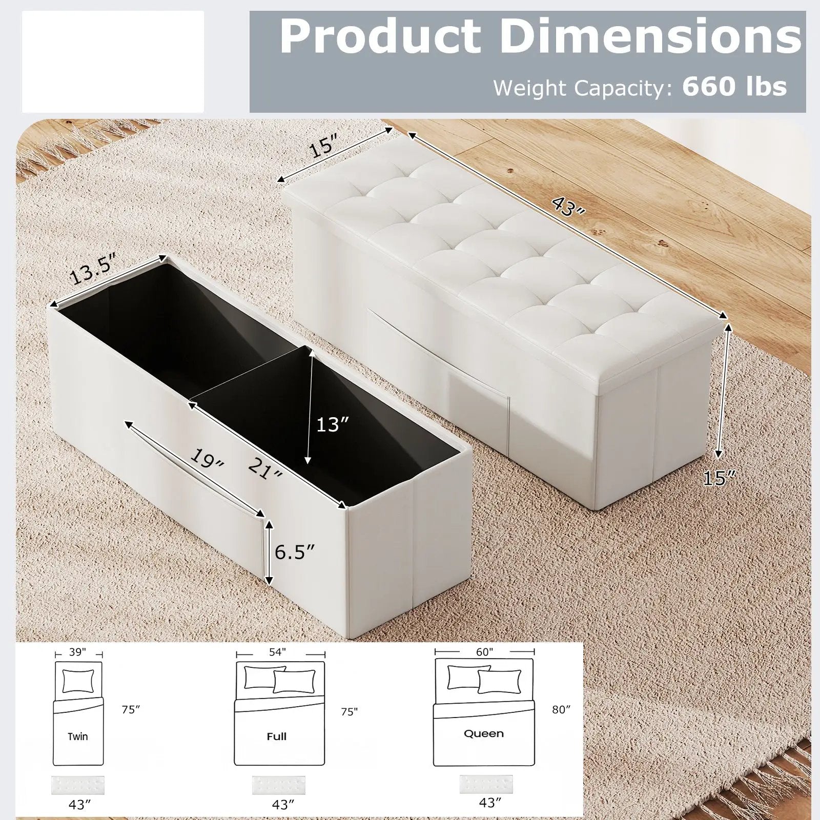 43 Inches Folding Storage Ottoman Bench Foot Rest Stool End of Bed Bench by DirectDeals