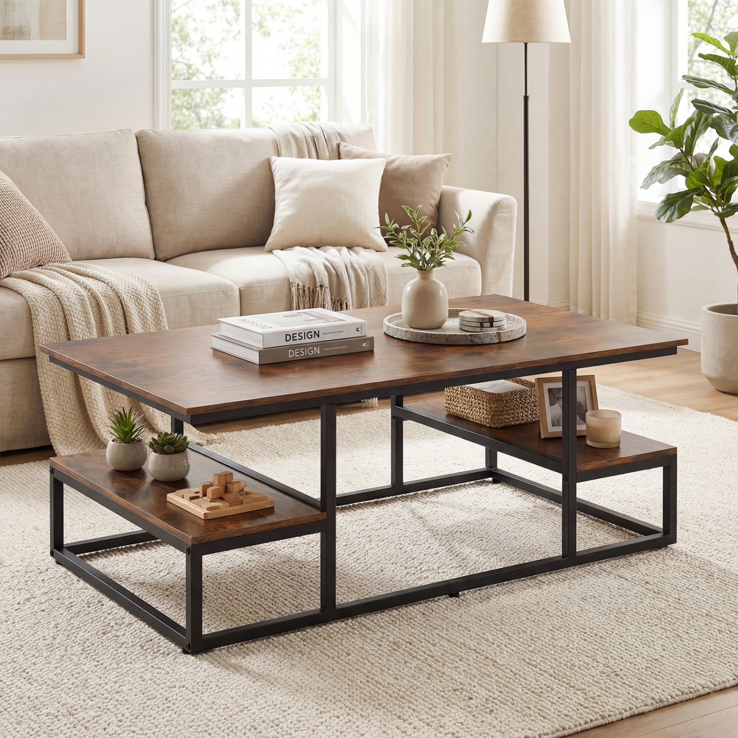 43" Rectangle Coffee Table with Storage and Open Shelves by DirectDeals